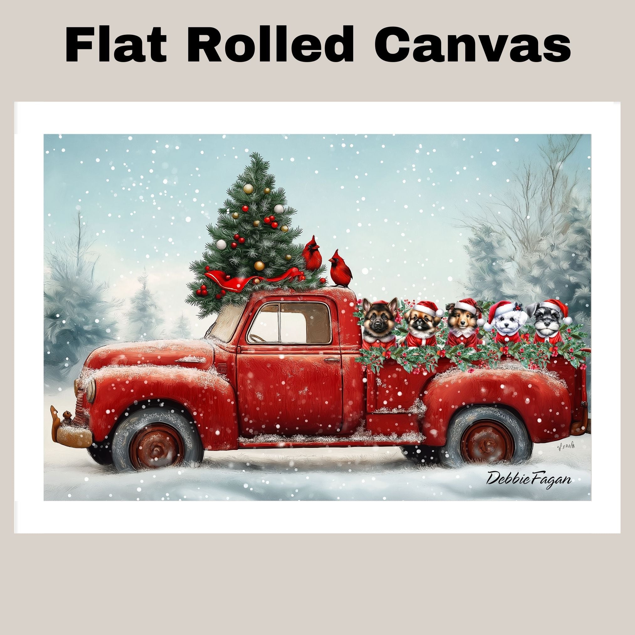 Christmas Canvas - "Santa Paws Parade" - Adorable Dogs Dressed in Festive Costumes on Vintage Red Pickup Truck on Ready to Hang 1.5" Thick Canvas Wrap, Floating Framed Canvas, Flat Rolled Canvas