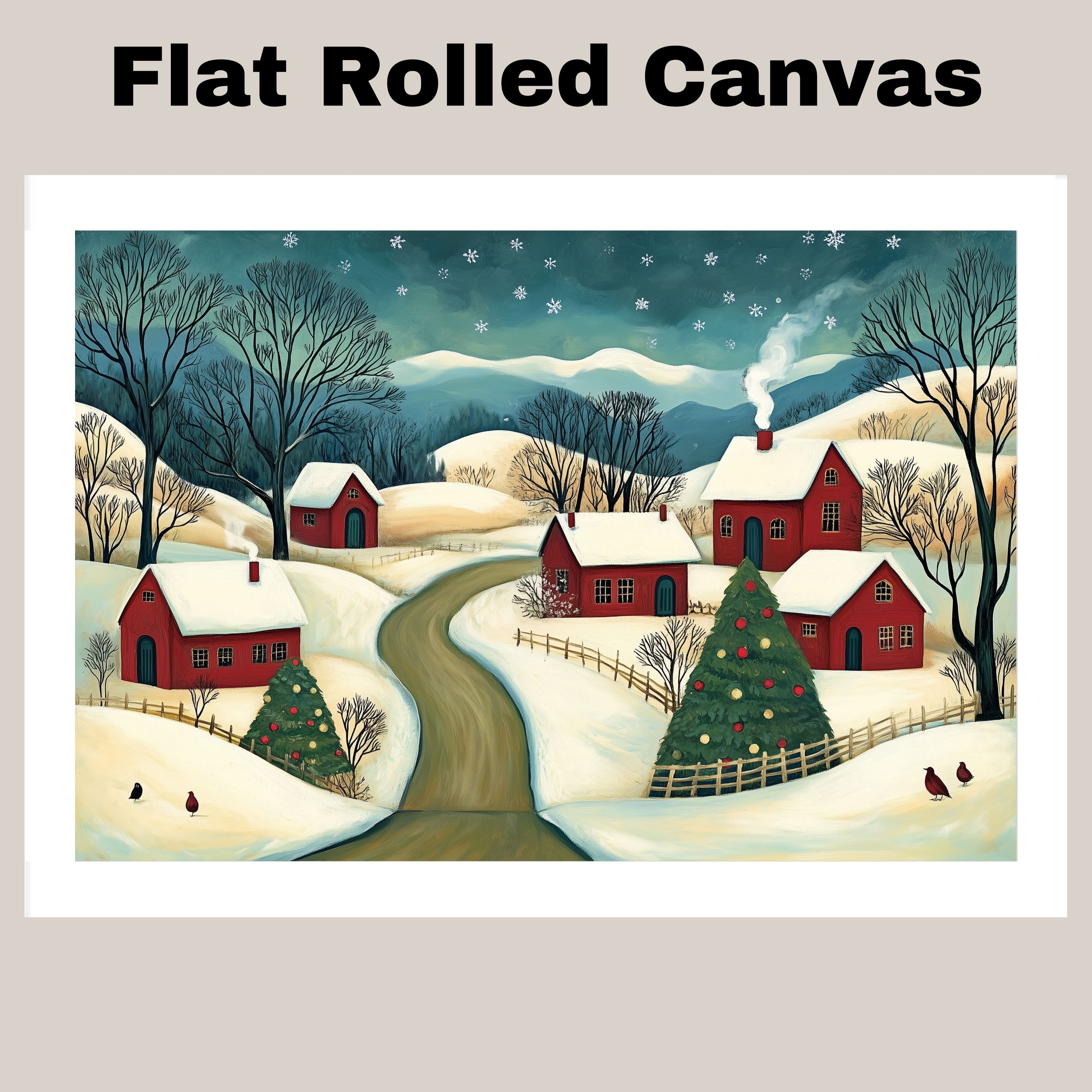 Christmas Folk Art Canvas Wall Art – Snowy Winter Scene with Red Houses, Decorated Tree & Rolling Hills – Rustic Holiday Home Décor Print on Ready to Hang 1.5" Thick Canvas Wrap, Floating Framed Canvas, Flat Rolled Canvas