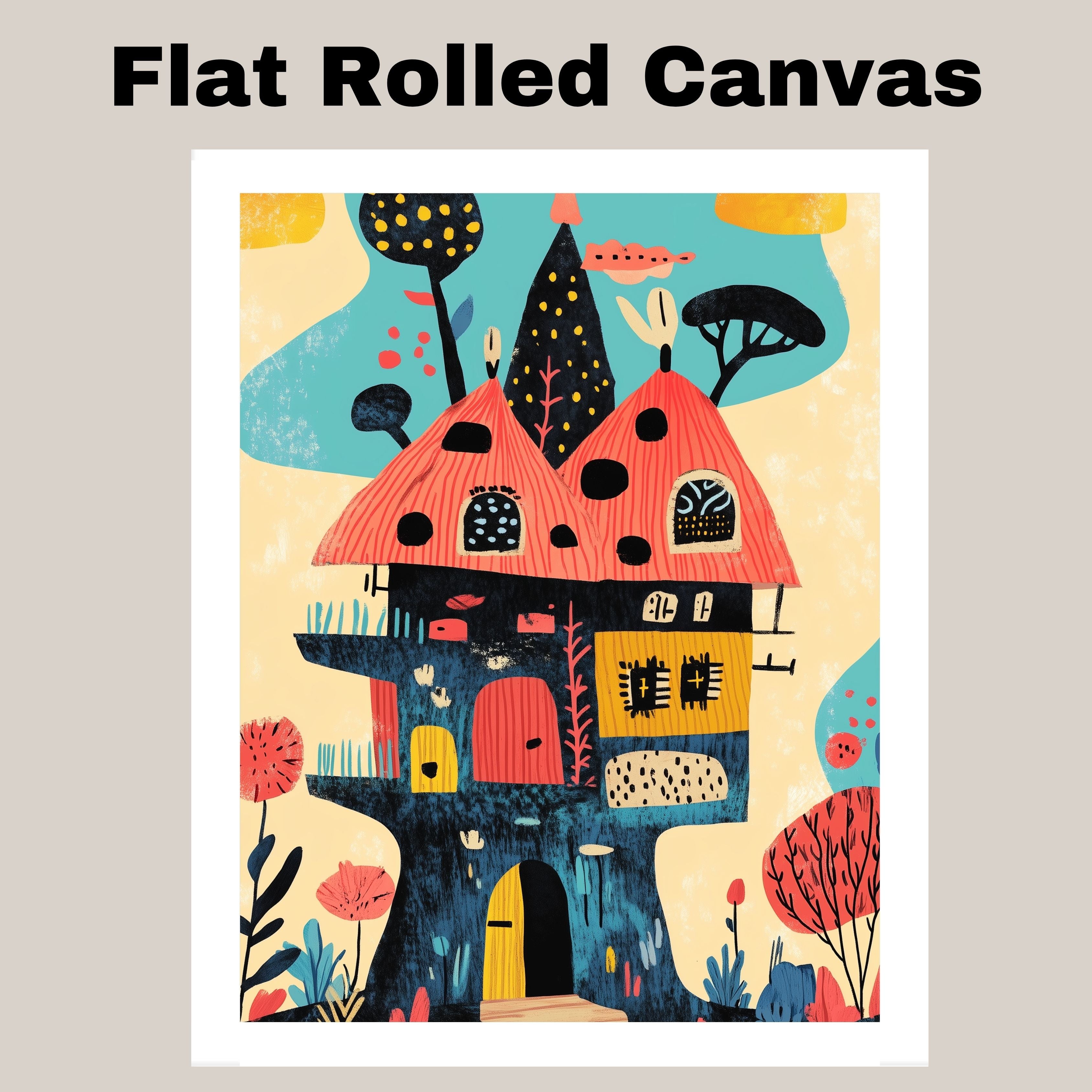 Whimsical Fantasy House with Bright Colors and Playful Mid-Century Modern Illustration Style on Ready to Hang 1.5" Thick Canvas Wrap, Floating Framed Canvas, Flat Rolled Canvas