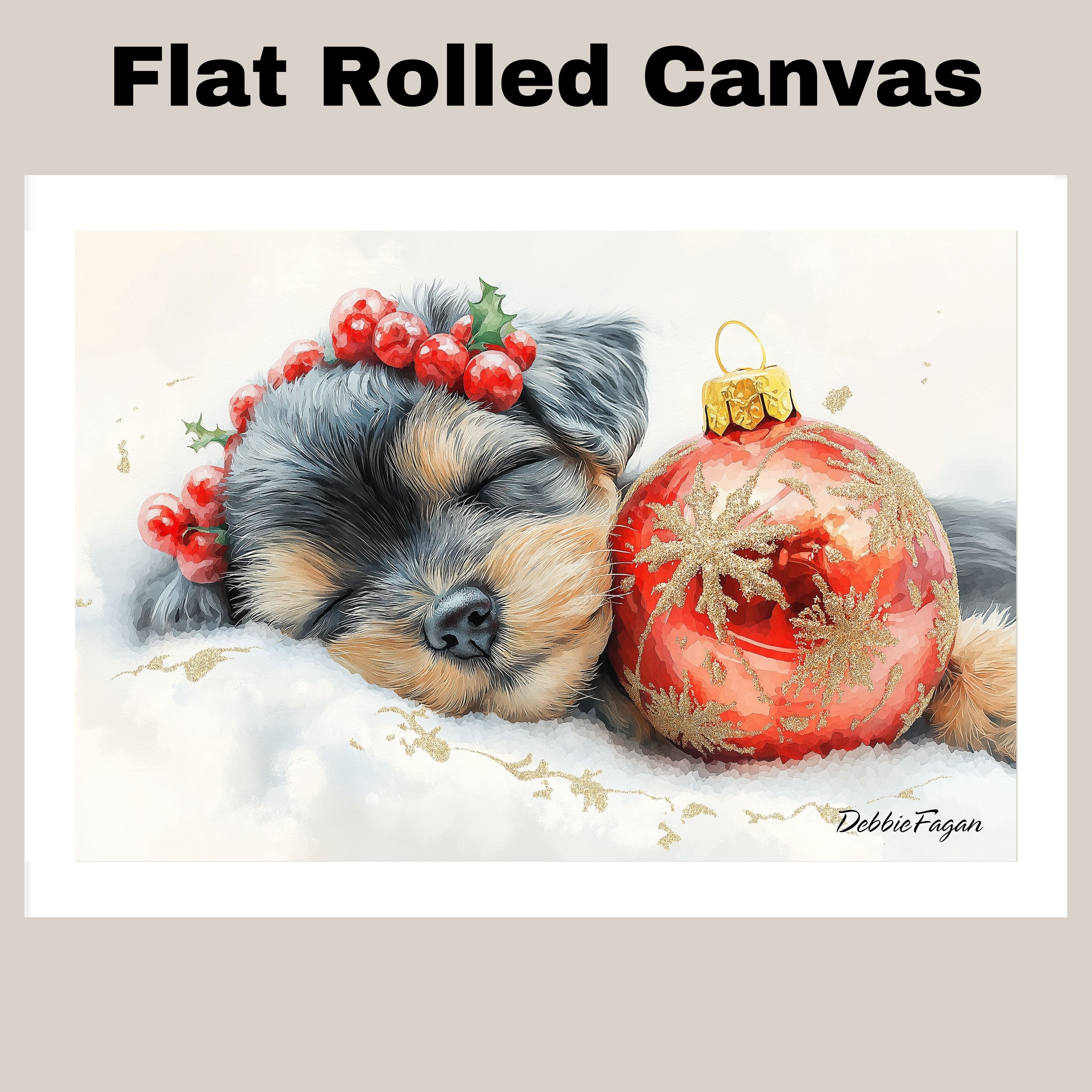 Schnauzer Christmas Canvas - "Silent Night Snooze" - Cozy Puppy Nestled Beside Christmas Ornament on Ready to Hang 1.5" Thick Canvas Wrap, Floating Framed Canvas, Flat Rolled Canvas