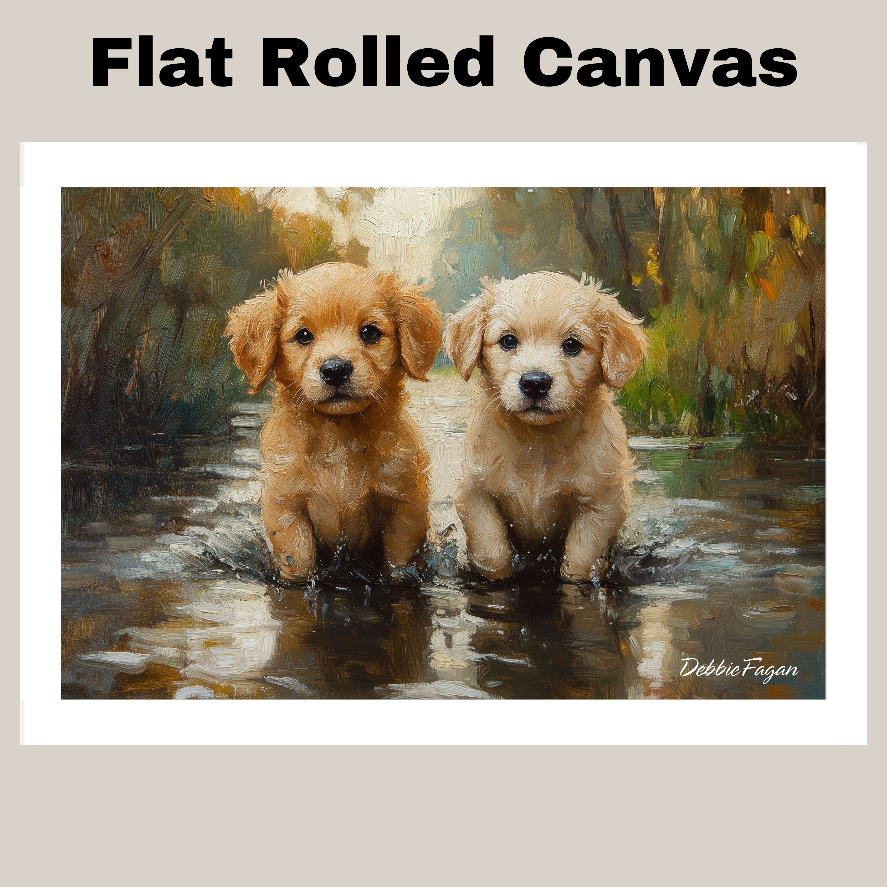 Adorable Puppies by the Pond – Impressionist Style Dog on Ready to Hang 1.5" Thick Canvas Wrap, Floating Framed Canvas, Flat Rolled Canvas
