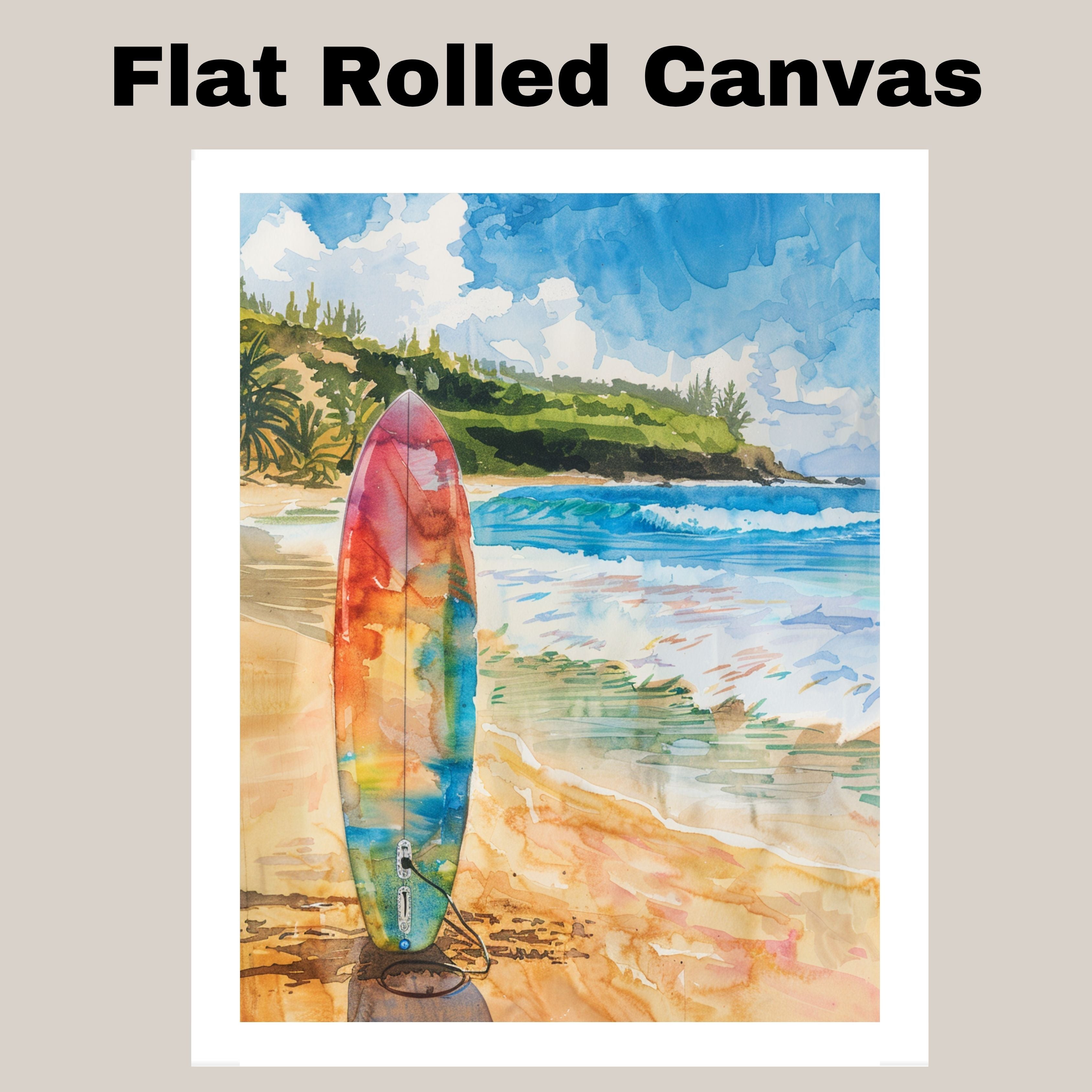 Watercolor Painting of a Multicolored Surfboard on a Tropical Beach with Ocean Waves and Green Coastal Hills in the Background on Ready to Hang 1.5" Thick Canvas Wrap, Floating Framed Canvas, Flat Rolled Canvas