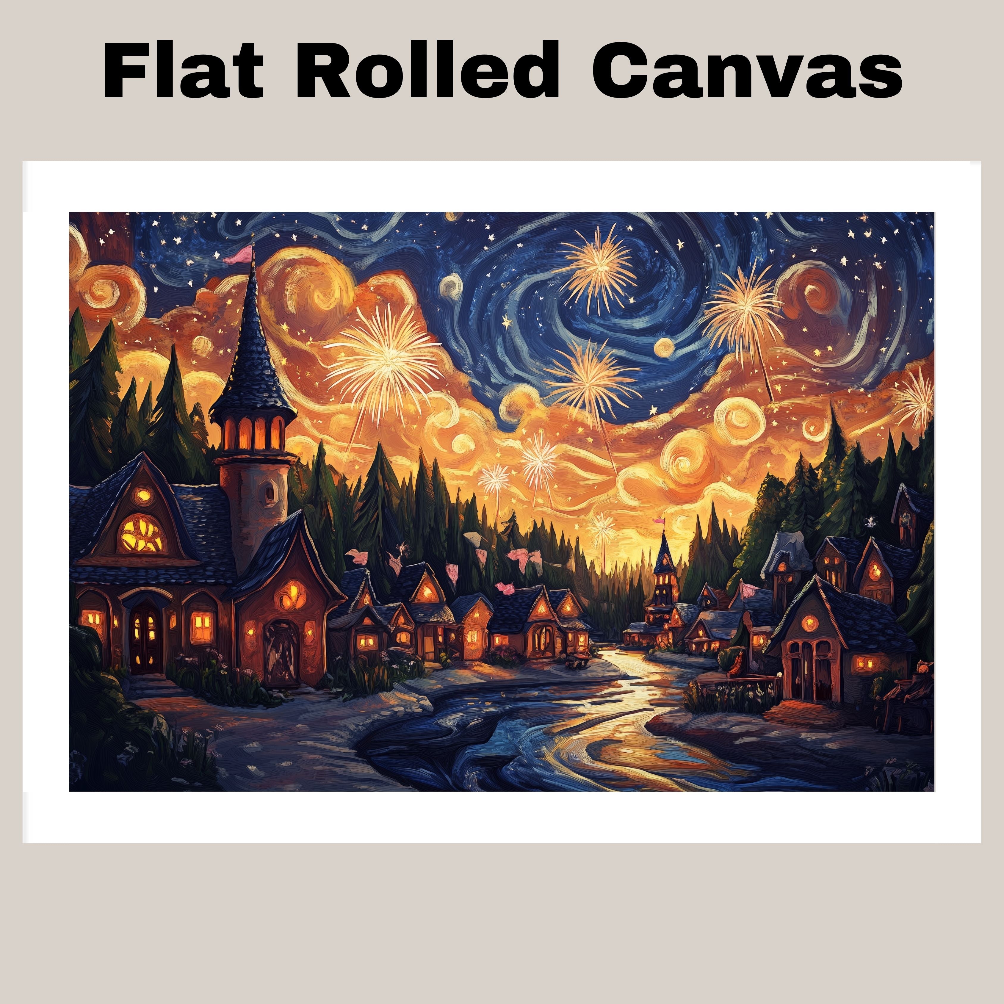 Enchanting 4th of July Village with Fireworks and Swirling Starry Sky, Glowing Cottages and Flags in a Whimsical Nighttime Celebration of Light and Freedom on Ready to Hang 1.5" Thick Canvas Wrap, Floating Framed Canvas, Flat Rolled Canvas
