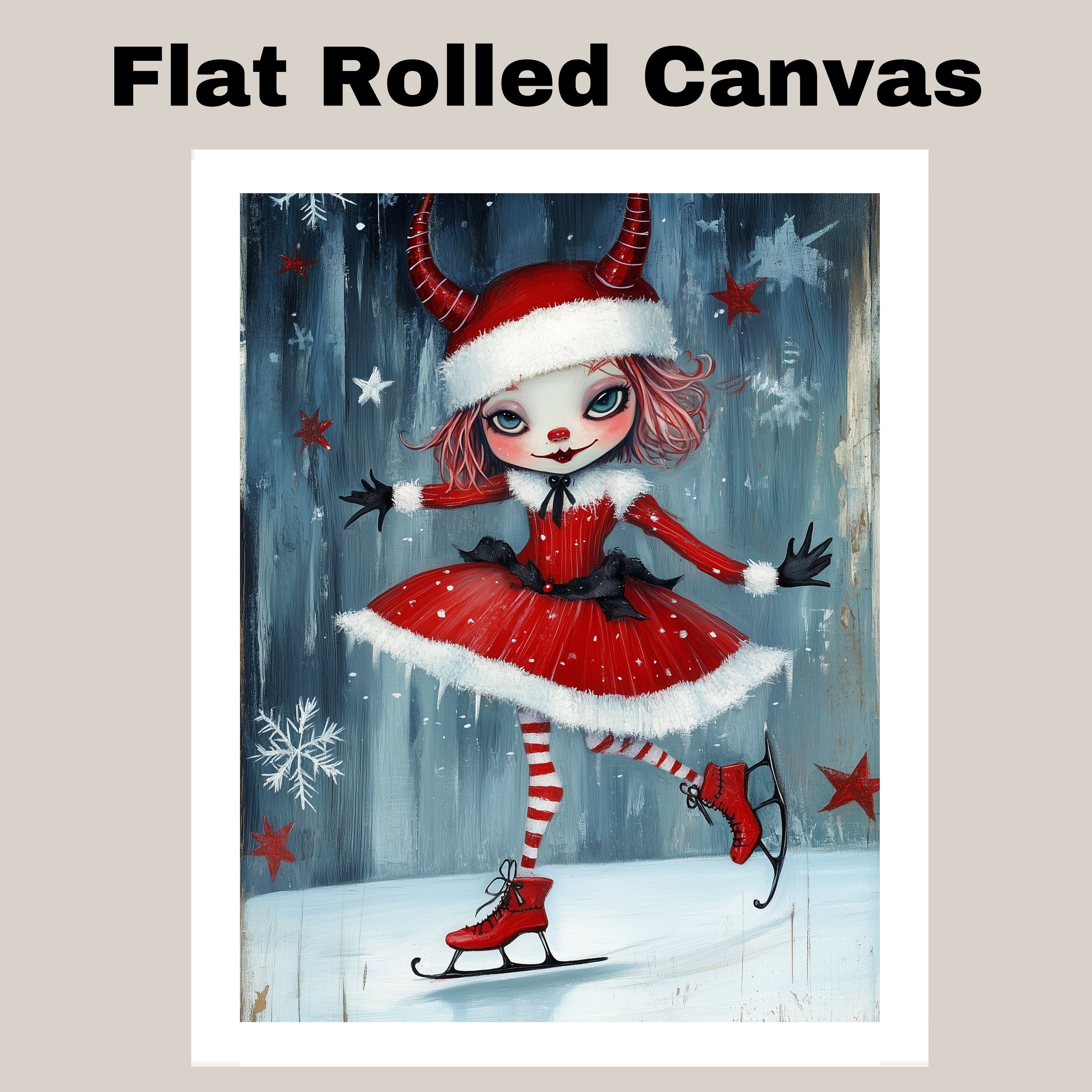 Whimsical Christmas Devil Girl Ice Skating in Red Santa Dress with Horns and Candy Cane Stripes Winter Fantasy Art Print or Canvas for Holiday Wall Decor on Ready to Hang 1.5" Thick Canvas Wrap, Floating Framed Canvas, Flat Rolled Canvas