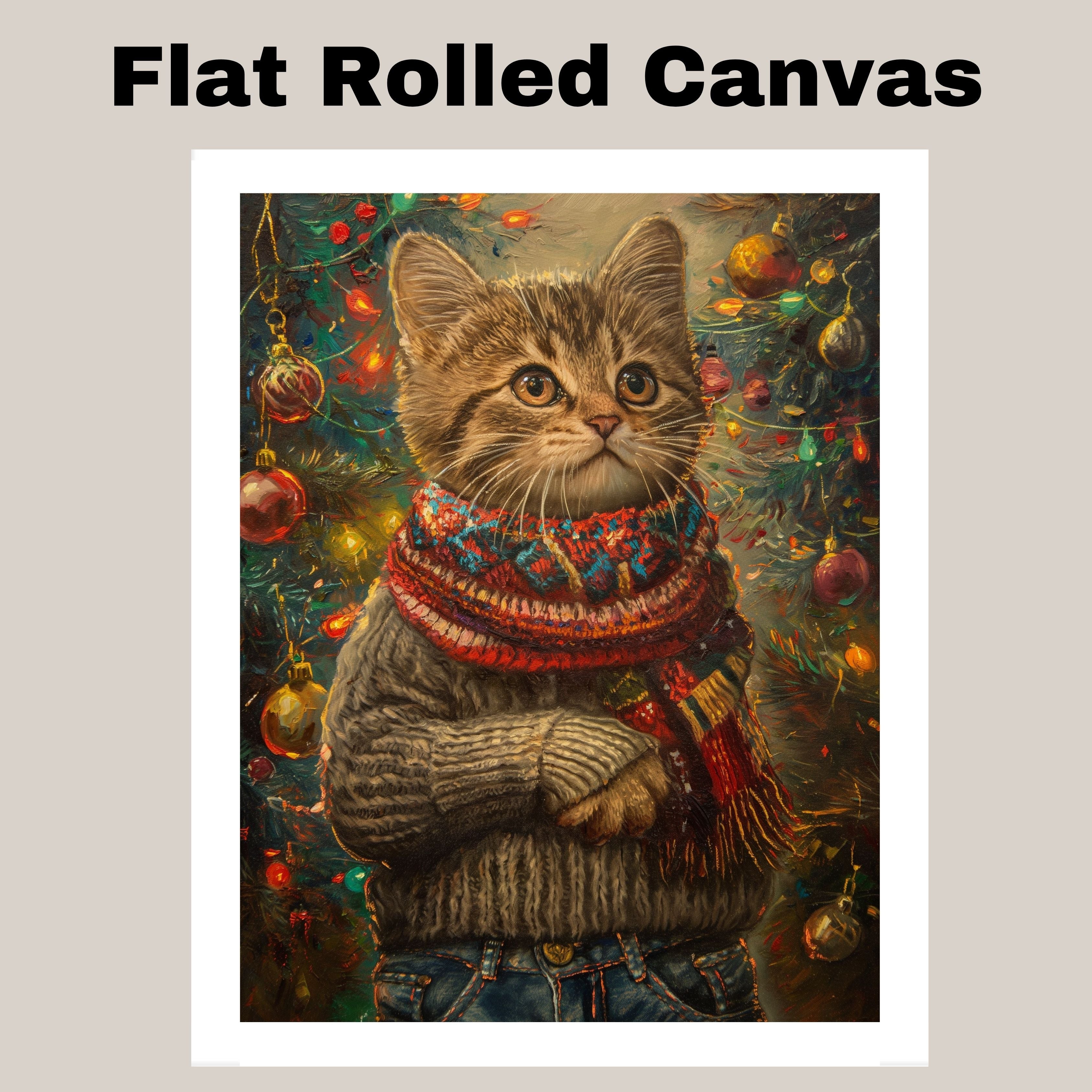 Christmas Kitten in Sweater and Scarf Adorable Holiday Cat Painting Cozy Winter Scene for Home Office Seasonal Christmas Decorations or Cat Lover Gift on Ready to Hang 1.5" Thick Canvas Wrap, Floating Framed Canvas, Flat Rolled Canvas