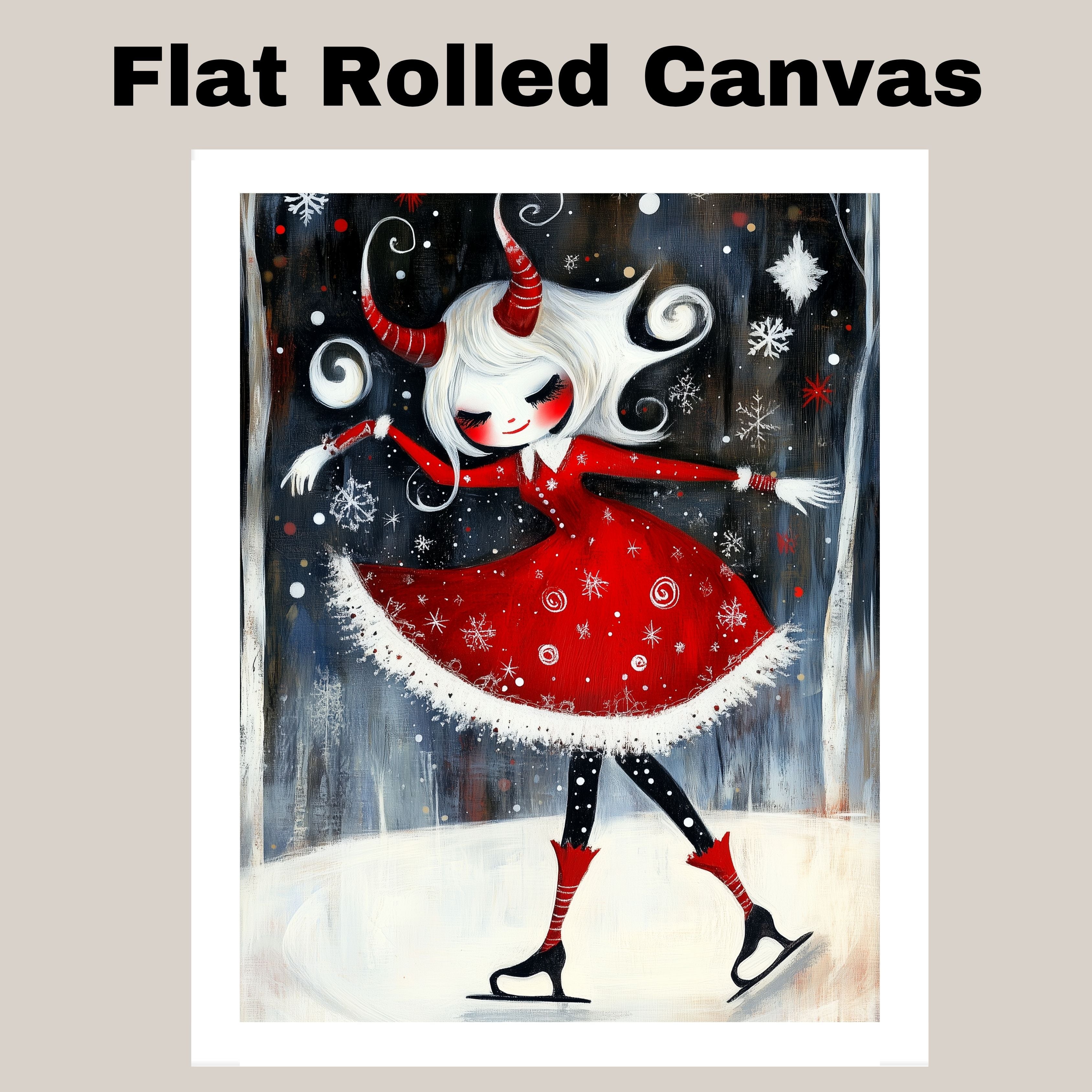 Whimsical Christmas Devil Girl Ice Skating in Red Winter Dress with White Hair and Twisted Horns Cute Fantasy Holiday Art Print or Canvas for Gothic Decor on Ready to Hang 1.5" Thick Canvas Wrap, Floating Framed Canvas, Flat Rolled Canvas