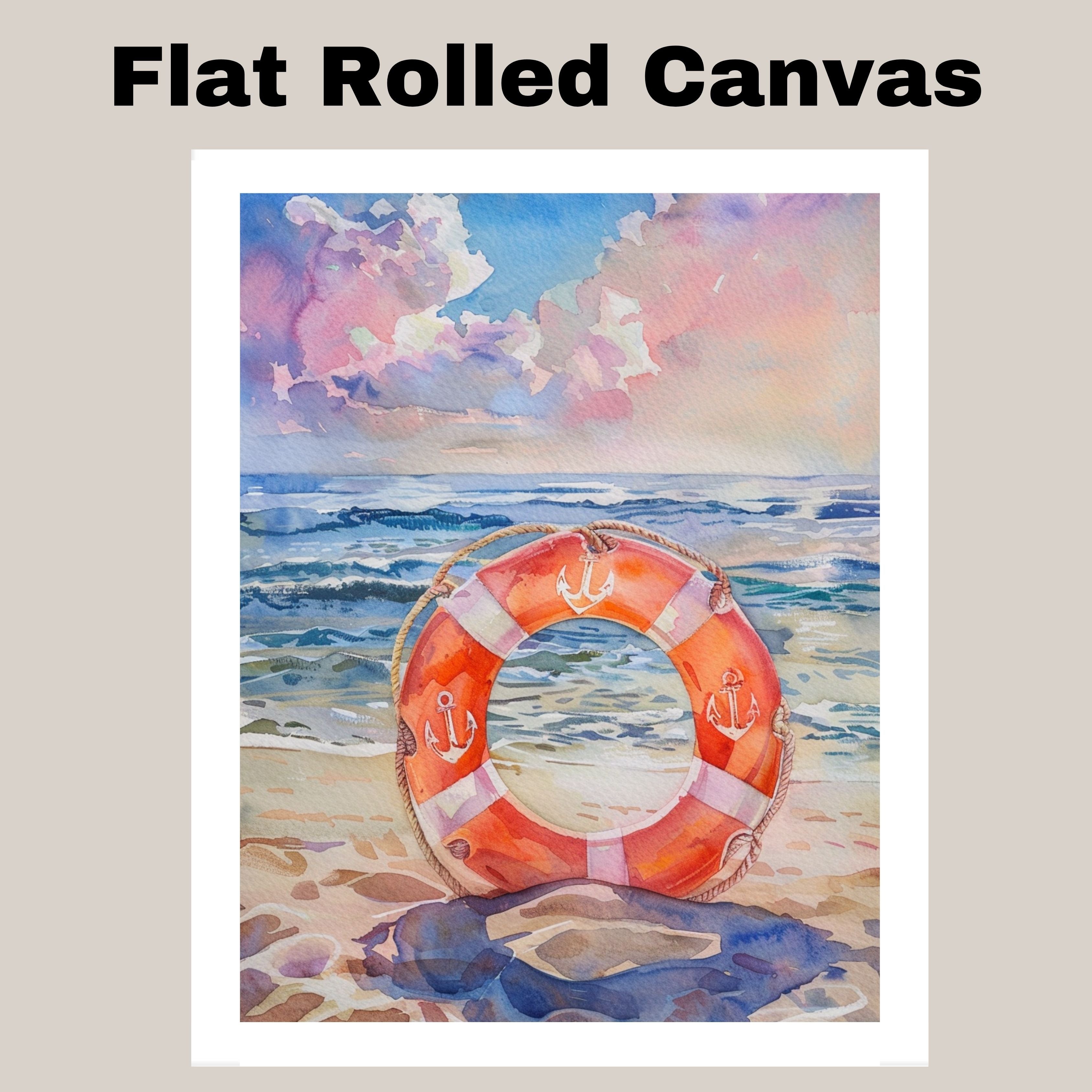 Watercolor Painting of a Life Ring on the Beach Framed by Waves and Colorful Sky with Nautical Anchor Design on Ready to Hang 1.5" Thick Canvas Wrap, Floating Framed Canvas, Flat Rolled Canvas