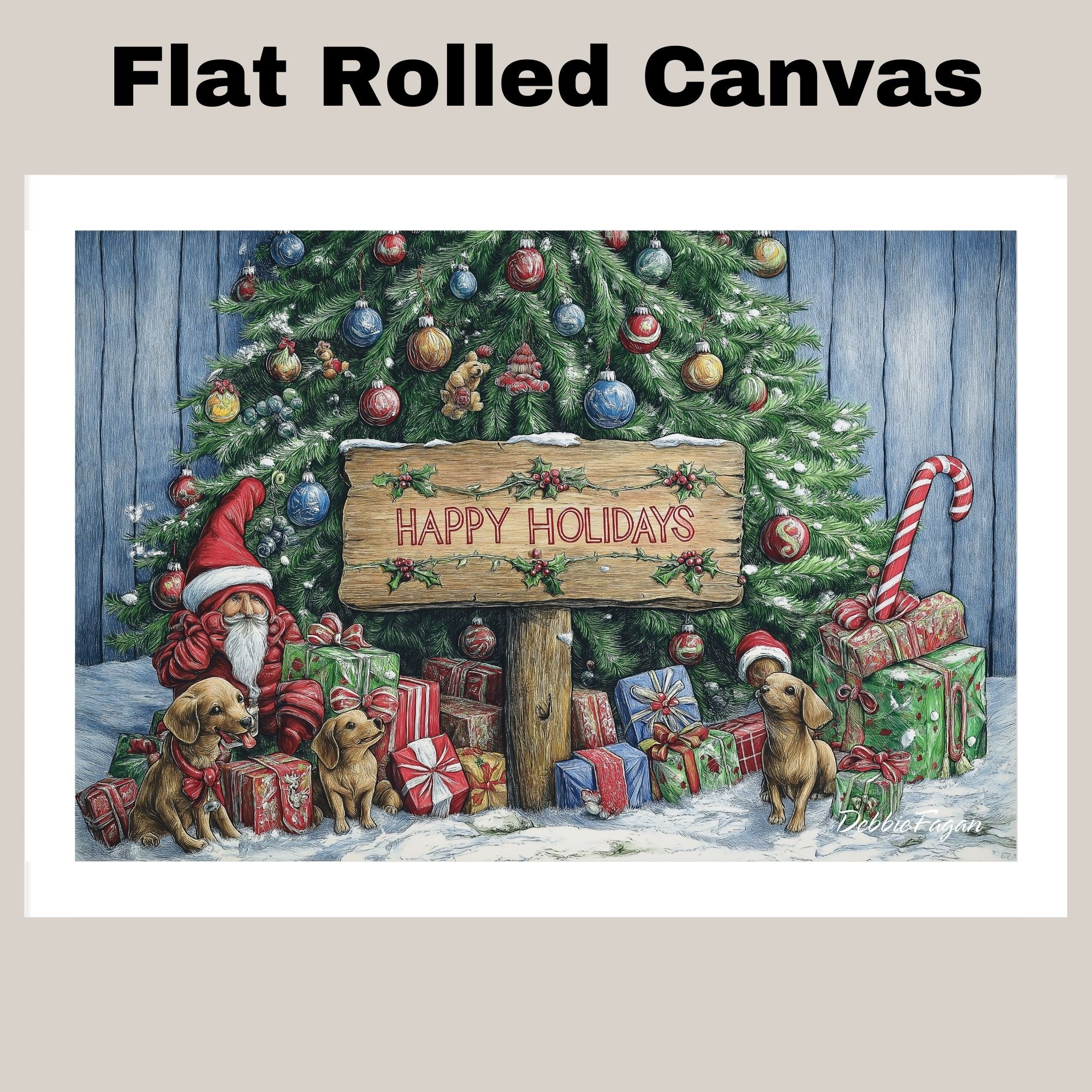 Dog Christmas Canvas - "Holiday Paws" - Adorable Puppies with Elf Hats and Presents Beneath the Christmas Tree on Ready to Hang 1.5" Thick Canvas Wrap, Floating Framed Canvas, Flat Rolled Canvas