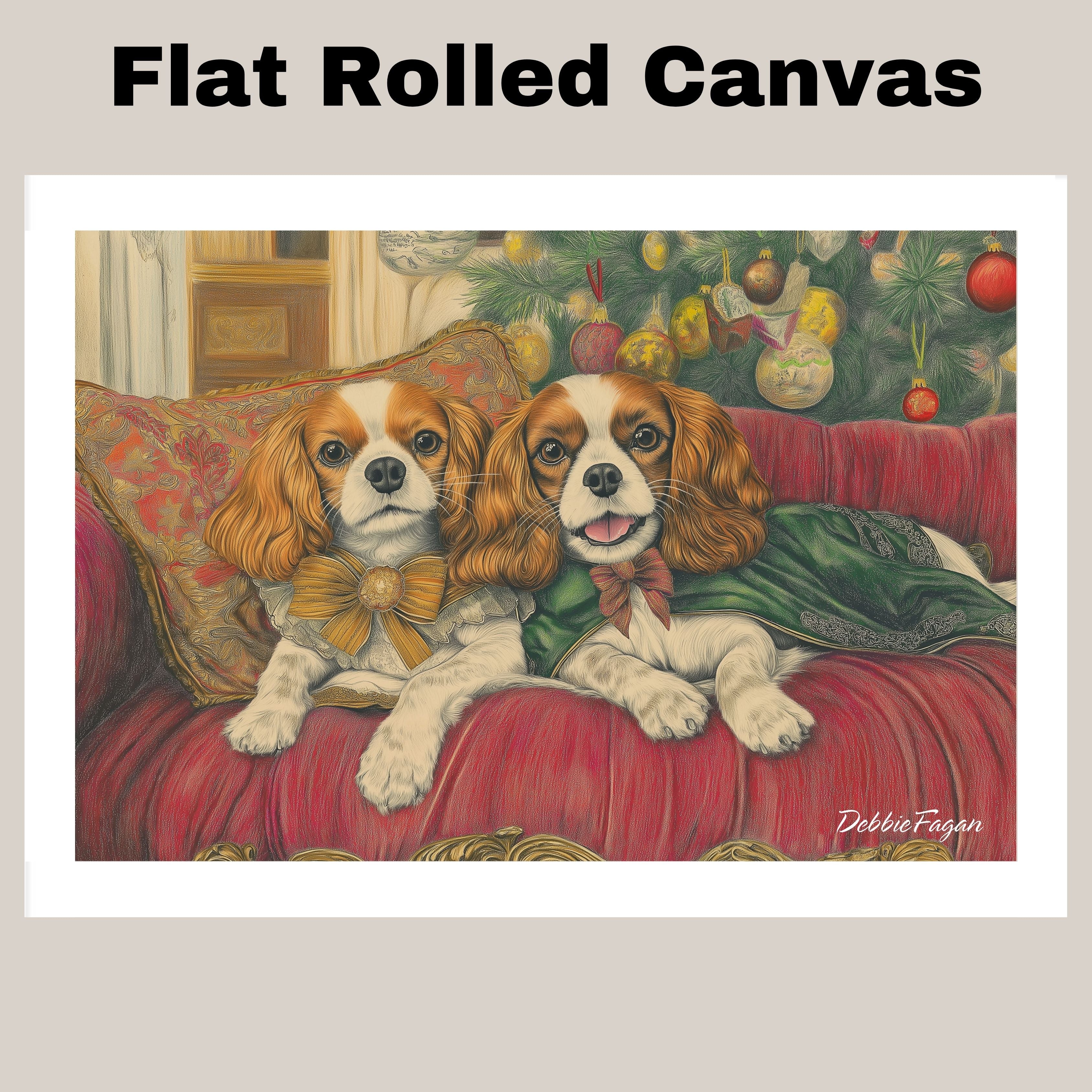 Dog Christmas Canvas - "Regal Retreat" - Elegant Cavalier King Charles Spaniel Lounging on a Vintage Red Ornate Sofa on Ready to Hang 1.5" Thick Canvas Wrap, Floating Framed Canvas, Flat Rolled Canvas