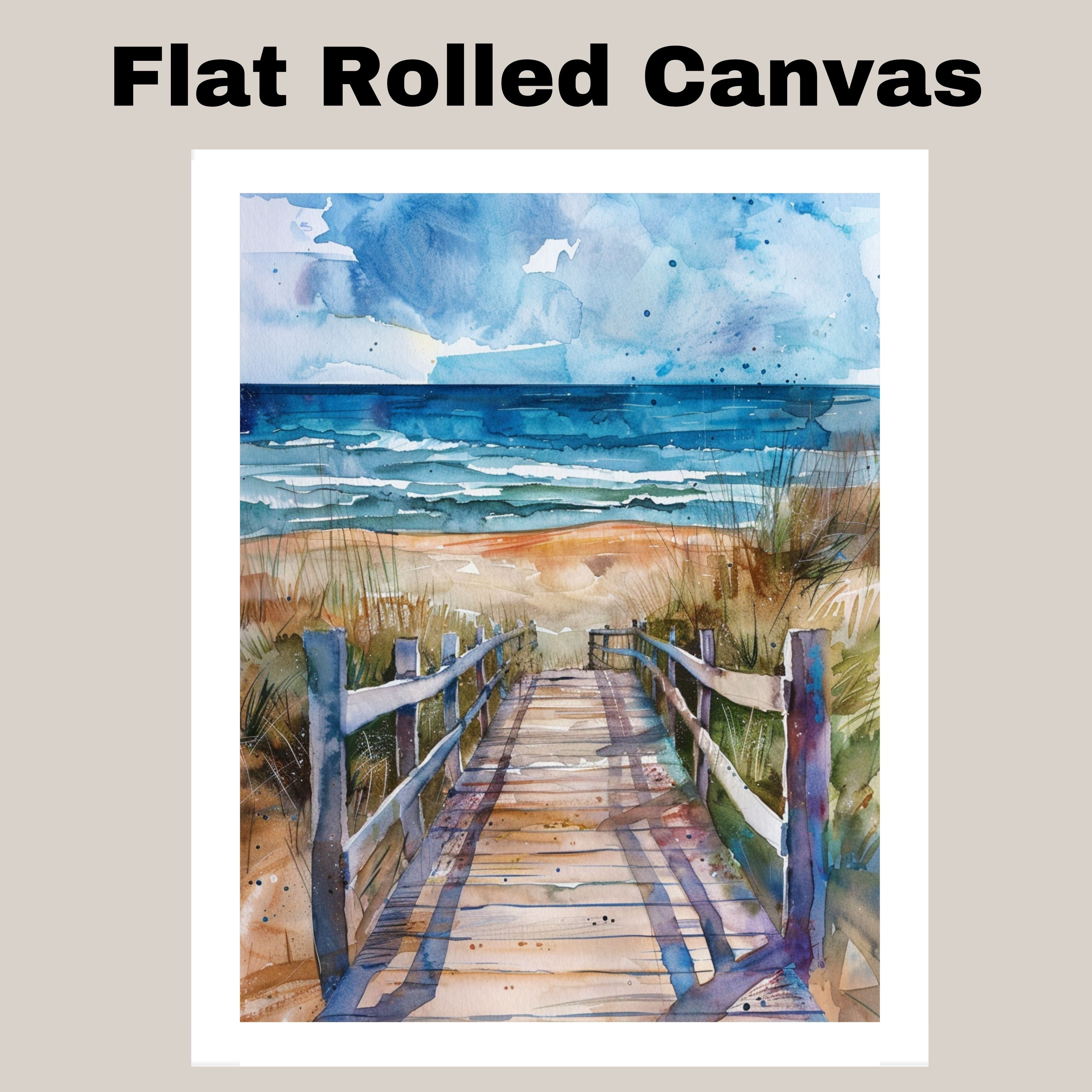 Dramatic Coastal Boardwalk Watercolor Painting – Path to the Ocean with Windswept Dunes and Stormy Sky on Ready to Hang 1.5" Thick Canvas Wrap, Floating Framed Canvas, Flat Rolled Canvas