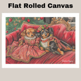 Christmas Canvas - "Stylish Doxies in Victorian Elegance" - Charming Dachshunds Dressed in Vintage Attire on Couch on Ready to Hang 1.5" Thick Canvas Wrap, Floating Framed Canvas, Flat Rolled Canvas