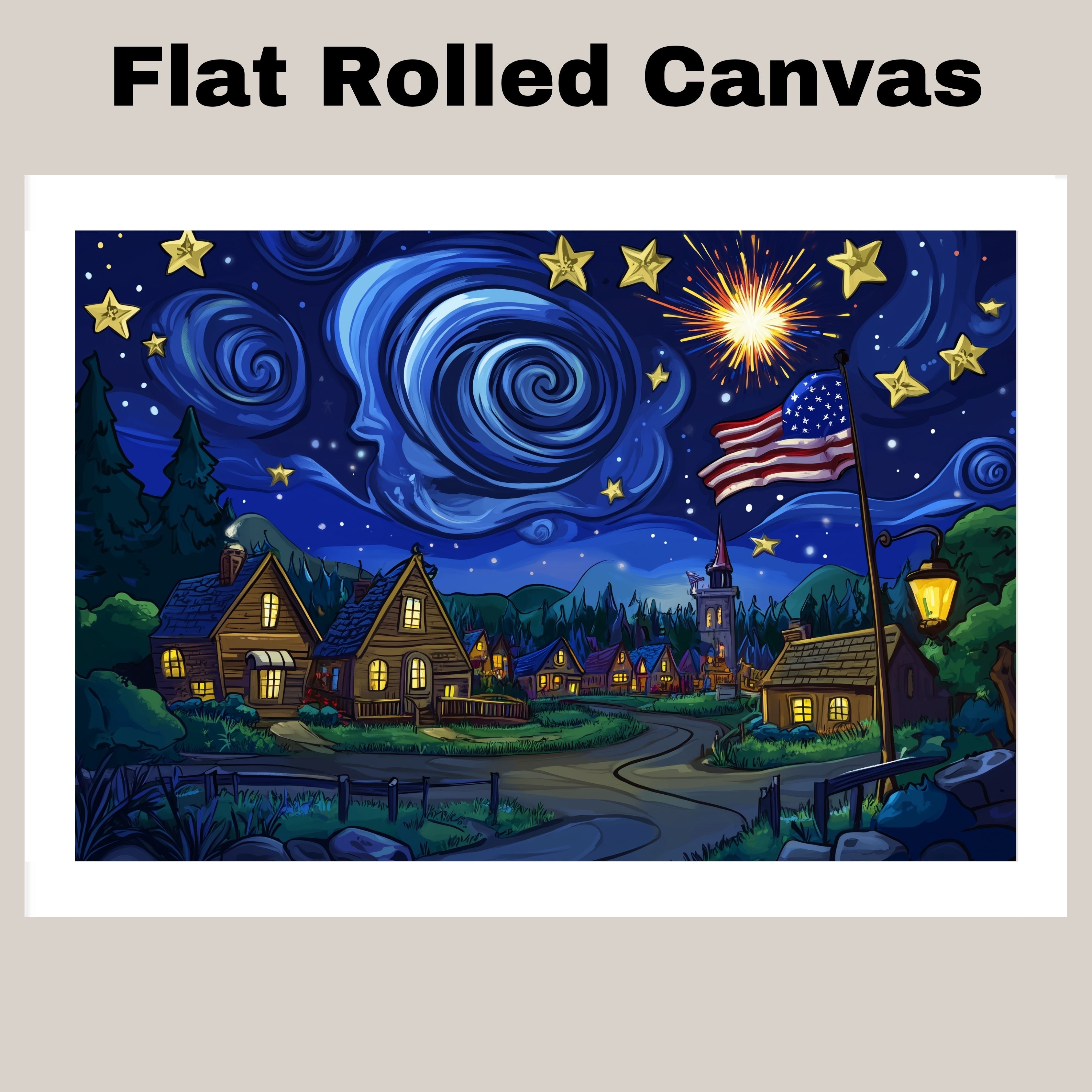 Whimsical 4th of July Village Scene with Fireworks, American Flag, and Starry Swirling Sky, Glowing Homes and a Festive Night Full of Wonder and Celebration on Ready to Hang 1.5" Thick Canvas Wrap, Floating Framed Canvas, Flat Rolled Canvas