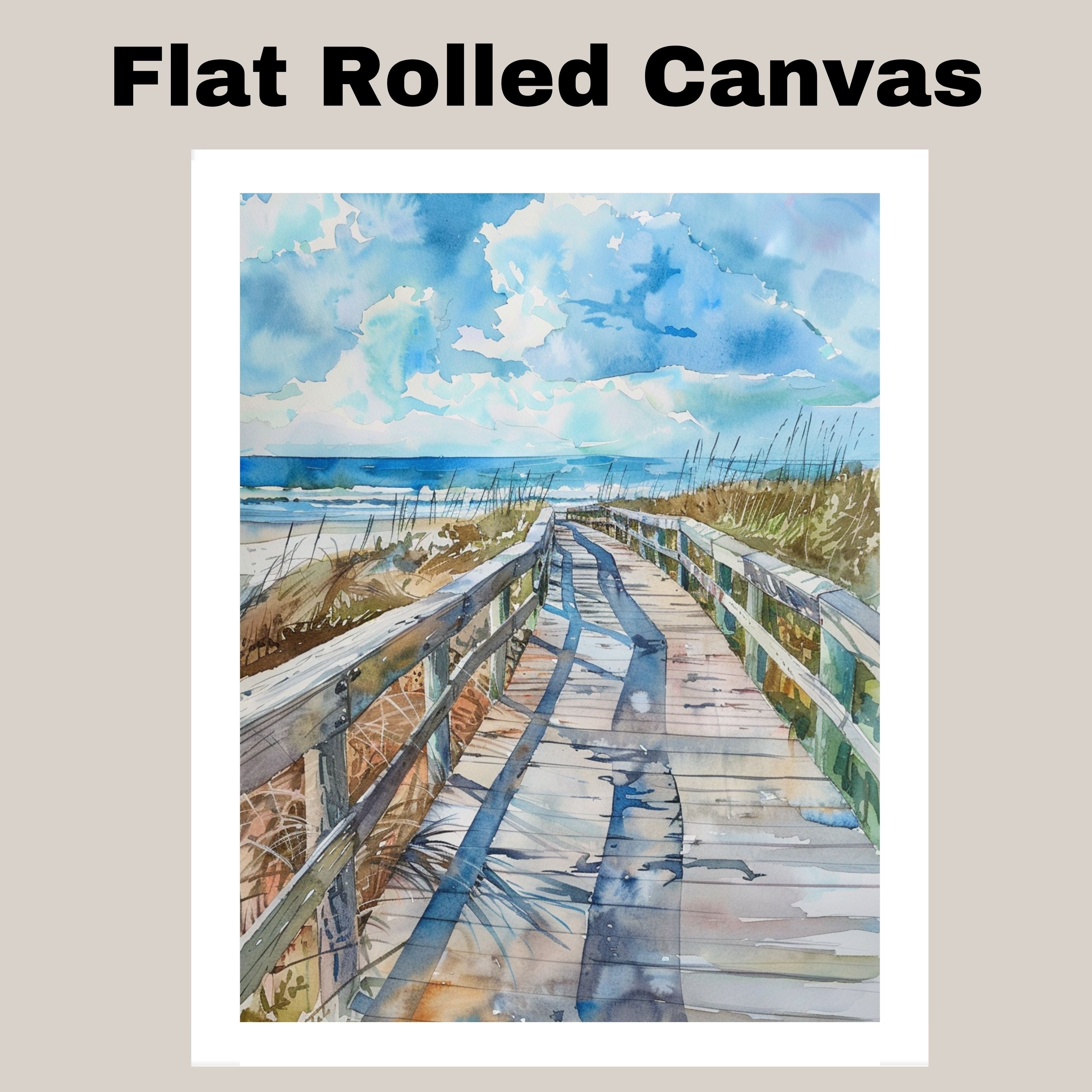 Curved Coastal Boardwalk Watercolor Painting – Beach Pathway with Ocean View and Sky on Ready to Hang 1.5" Thick Canvas Wrap, Floating Framed Canvas, Flat Rolled Canvas