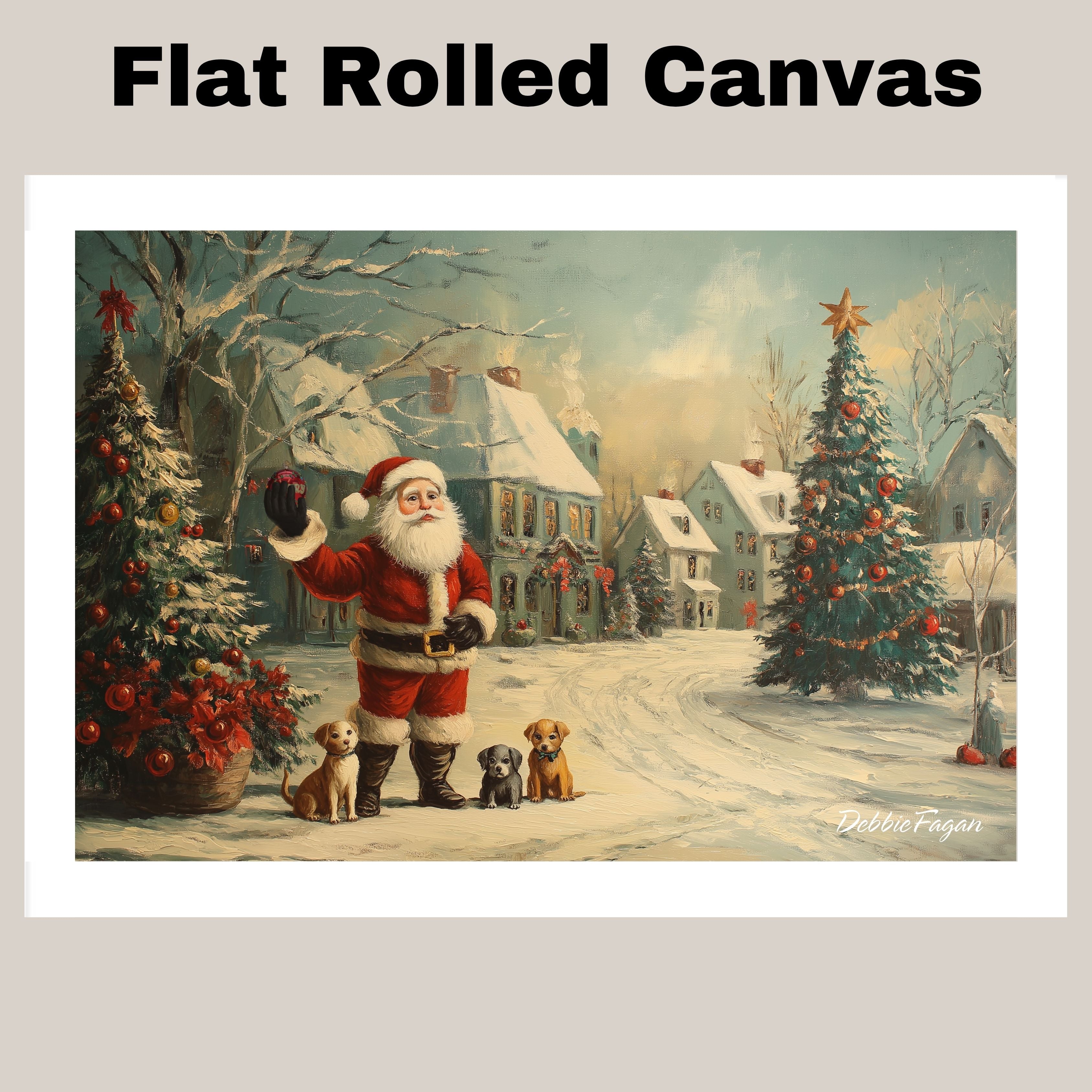 "Santa's Joyful Pups" - Heartwarming Scene of Santa with Adorable Puppies in a Festive Christmas Village on Ready to Hang 1.5" Thick Canvas Wrap, Floating Framed Canvas, Flat Rolled Canvas