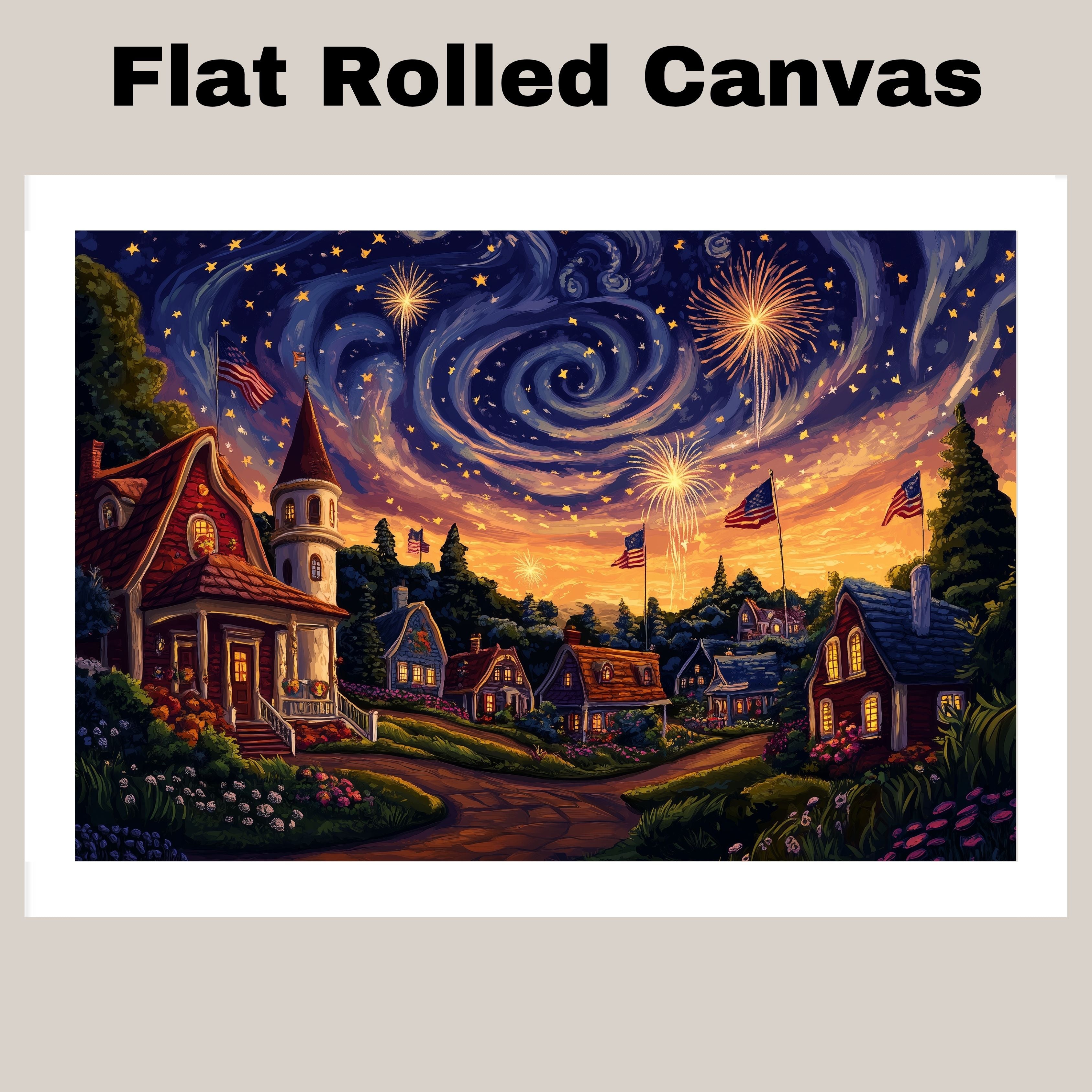 Whimsical 4th of July Village with Fireworks, American Flags, and Glowing Cottages Under a Swirling Starry Sky, Festive Celebration of Patriotism and Magic on Ready to Hang 1.5" Thick Canvas Wrap, Floating Framed Canvas, Flat Rolled Canvas