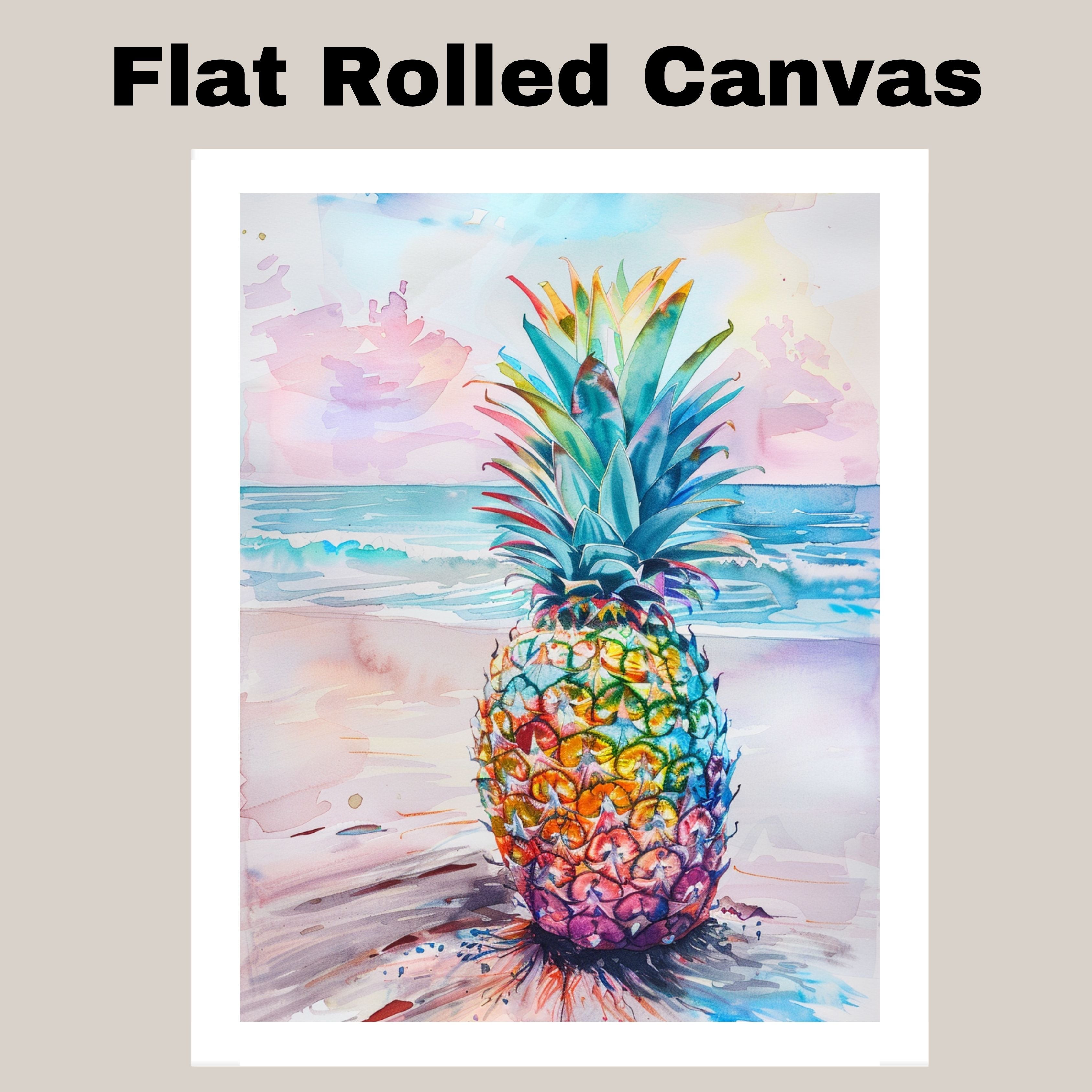 Colorful Pineapple Watercolor Painting with Tropical Beach and Ocean Background on Ready to Hang 1.5" Thick Canvas Wrap, Floating Framed Canvas, Flat Rolled Canvas
