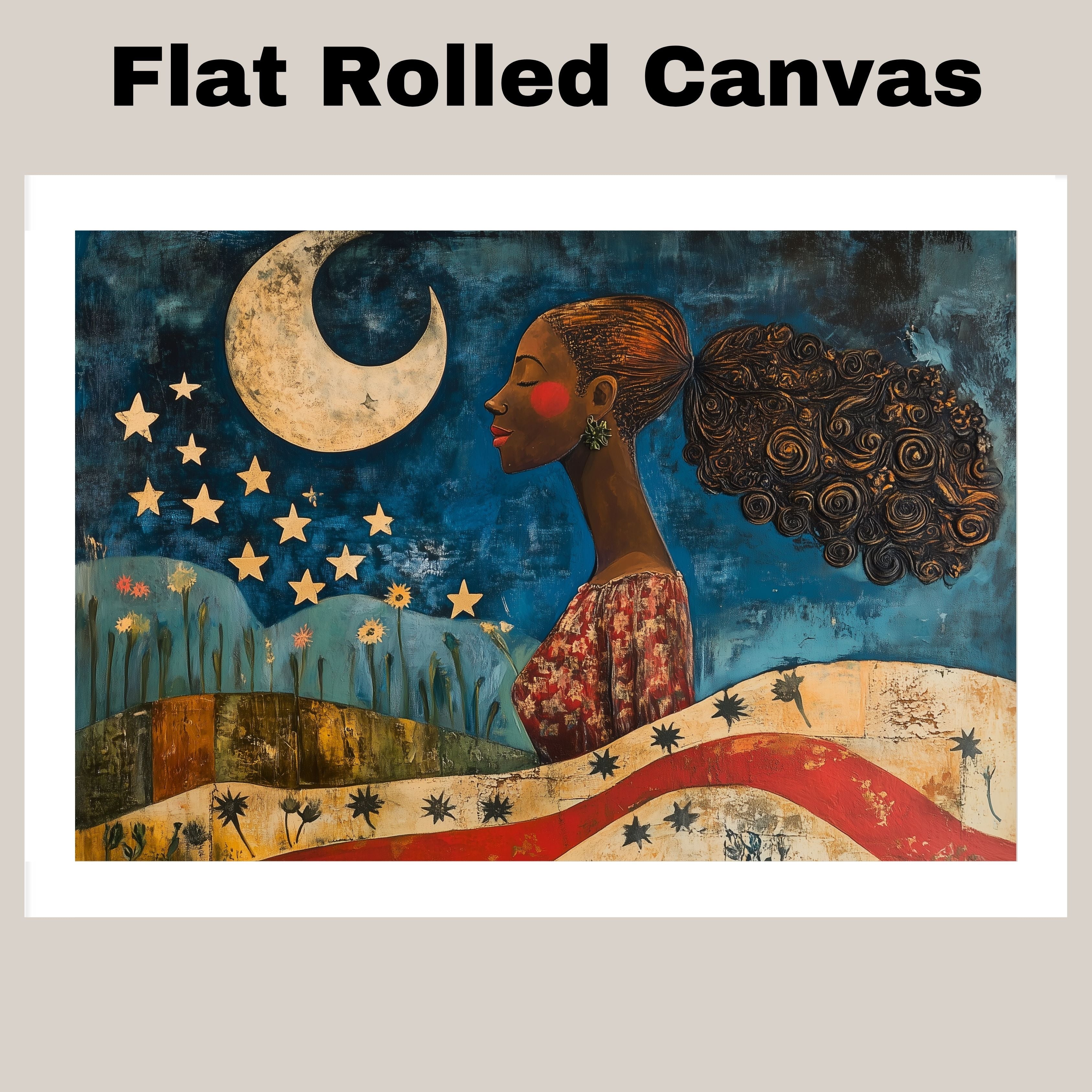 Powerful Woman Under Crescent Moon and Stars with Patriotic Motif, Folk Art Style 4th of July Scene Celebrating Strength, Nature, and Freedom on Ready to Hang 1.5" Thick Canvas Wrap, Floating Framed Canvas, Flat Rolled Canvas