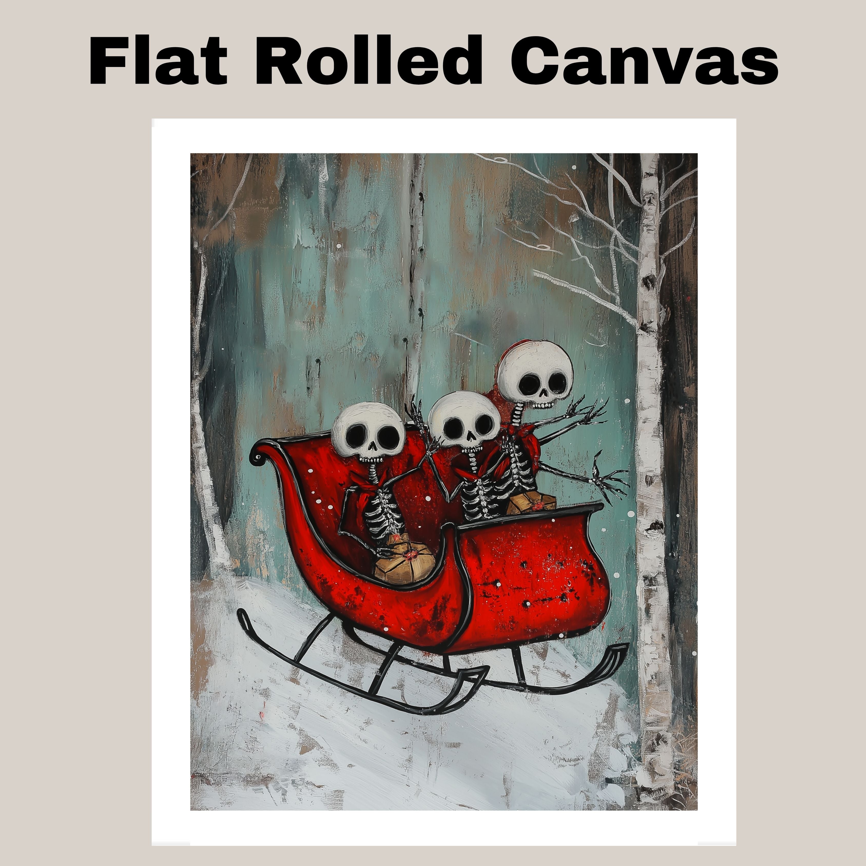 Whimsical Skeleton Sleigh Ride Christmas Print – Gothic Holiday Wall Art with Skeleton Friends in Red Sleigh, Spooky Winter Decor, Quirky Festive Illustration on Ready to Hang 1.5" Thick Canvas Wrap, Floating Framed Canvas, Flat Rolled Canvas