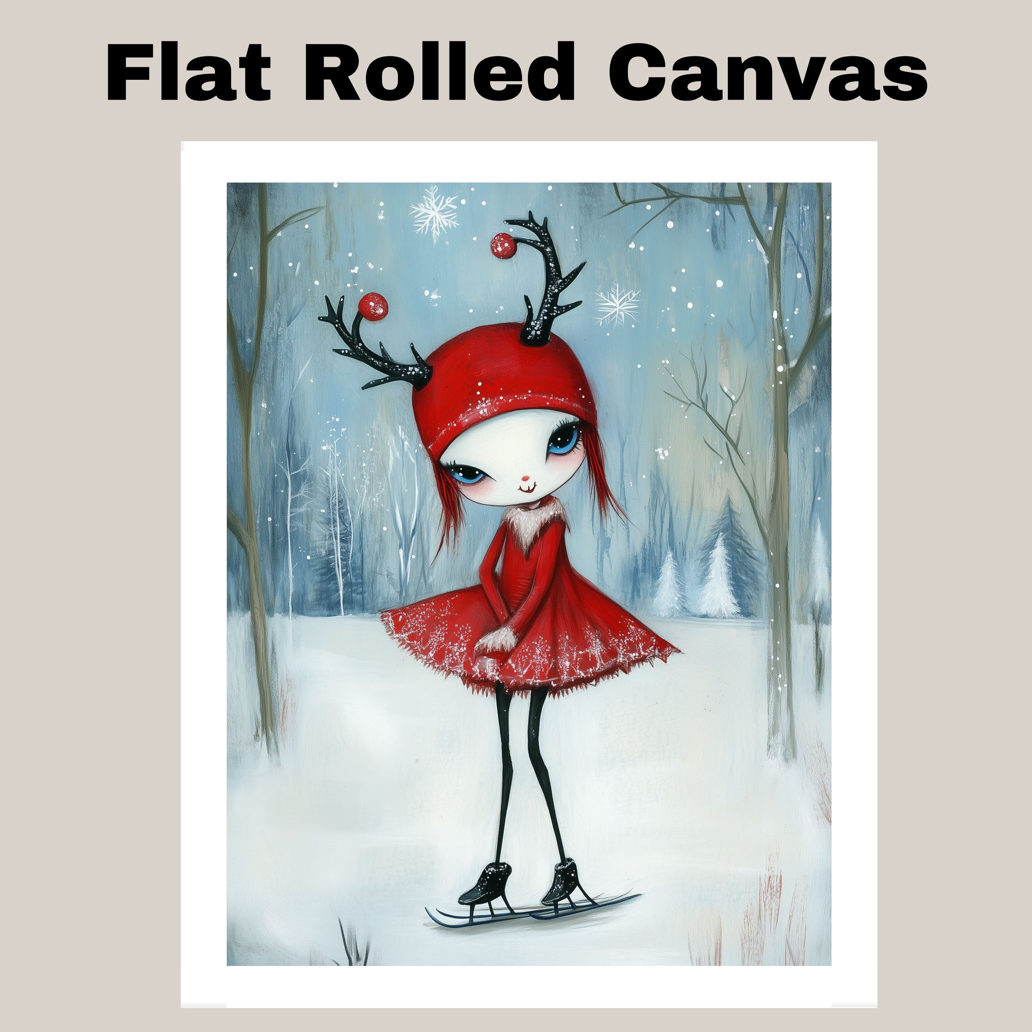 Whimsical Christmas Girl Ice Skating in Red Antler Hat and Dress Cute Fantasy Winter Art Print or Canvas for Holiday Decor and Collectors on Ready to Hang 1.5" Thick Canvas Wrap, Floating Framed Canvas, Flat Rolled Canvas