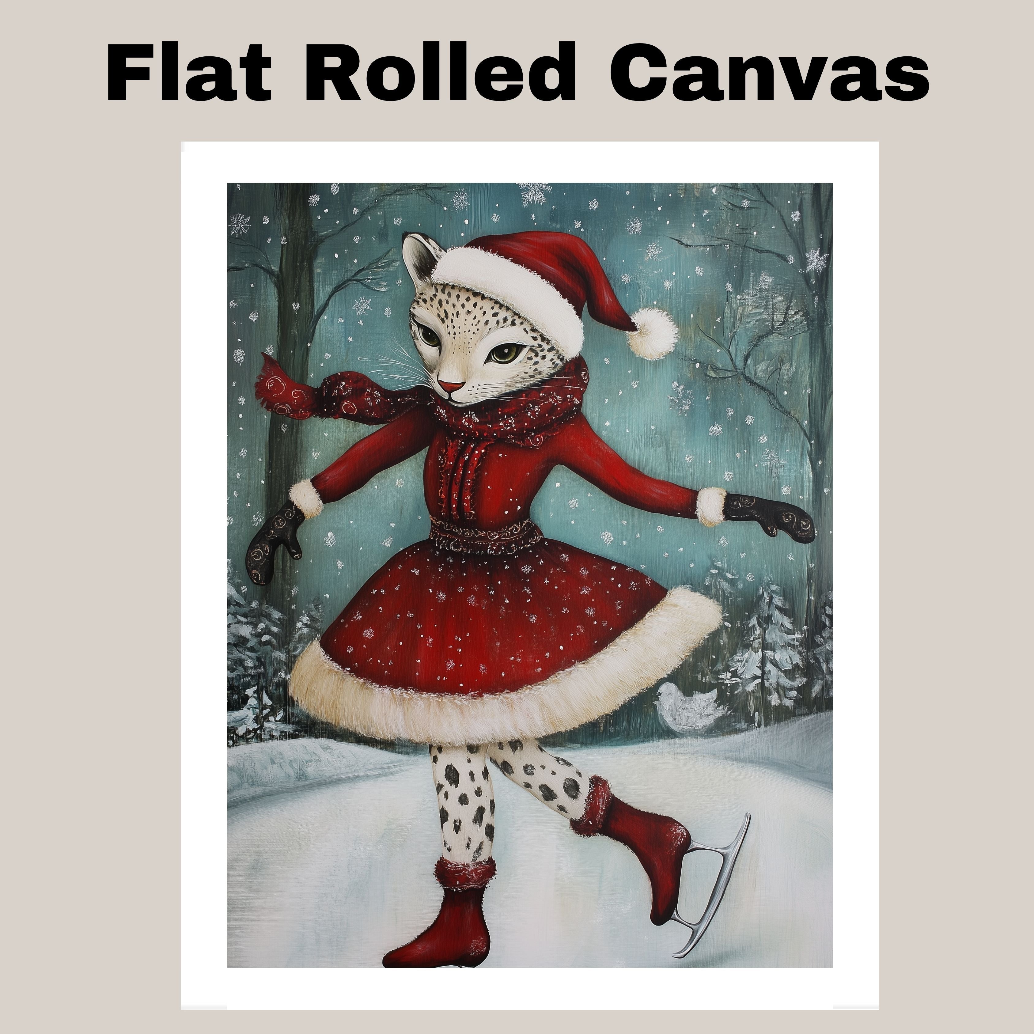 Graceful Christmas Cougar Ice Skating in Red Dress Whimsical Holiday Big Cat Art in Snowy Forest for Winter Decor and Festive Animal-Themed Home Styling on Ready to Hang 1.5" Thick Canvas Wrap, Floating Framed Canvas, Flat Rolled Canvas