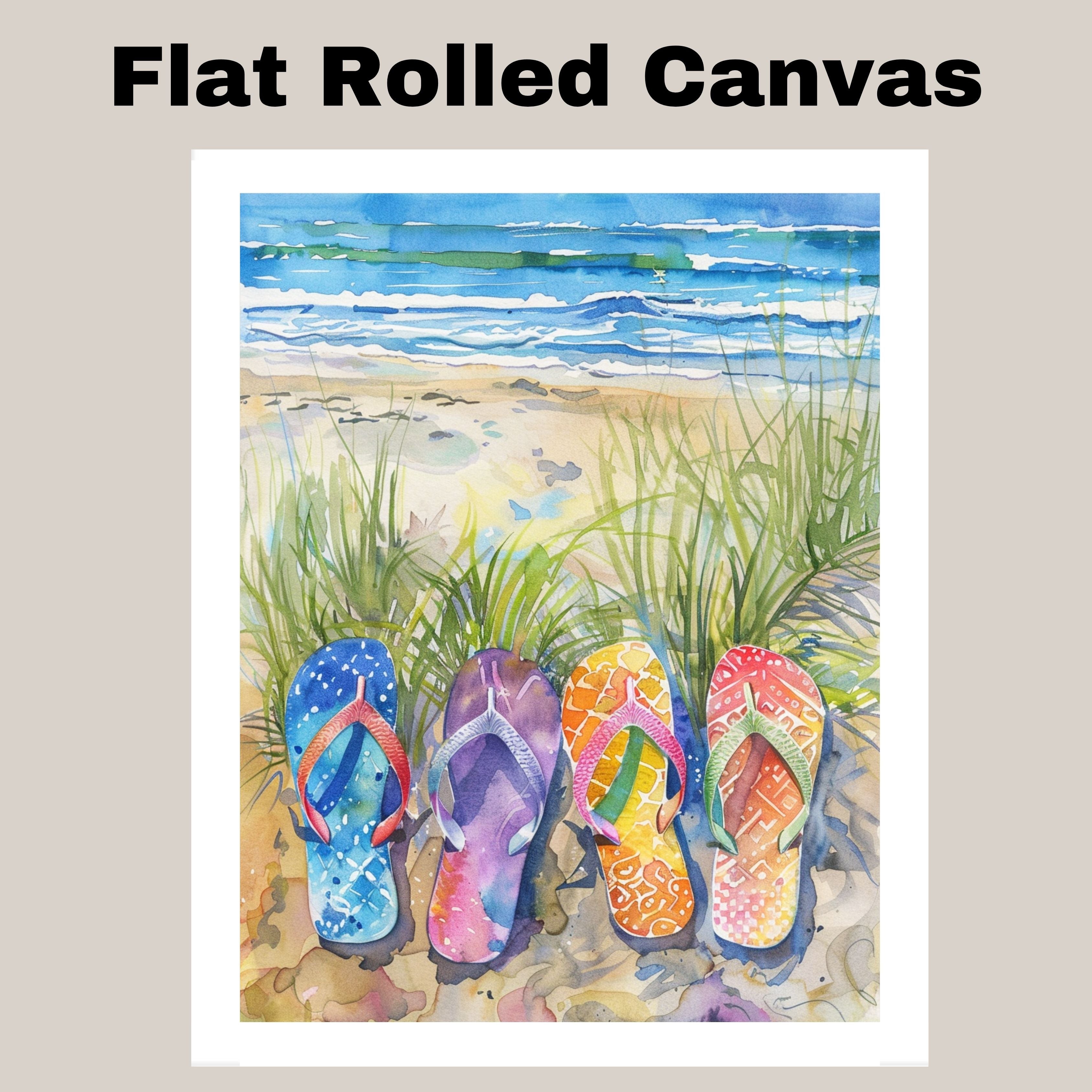 Four Colorful Flip Flops in Beach Grass by Ocean Shore in Vibrant Watercolor Summer Coastal Illustration on Ready to Hang 1.5" Thick Canvas Wrap, Floating Framed Canvas, Flat Rolled Canvas