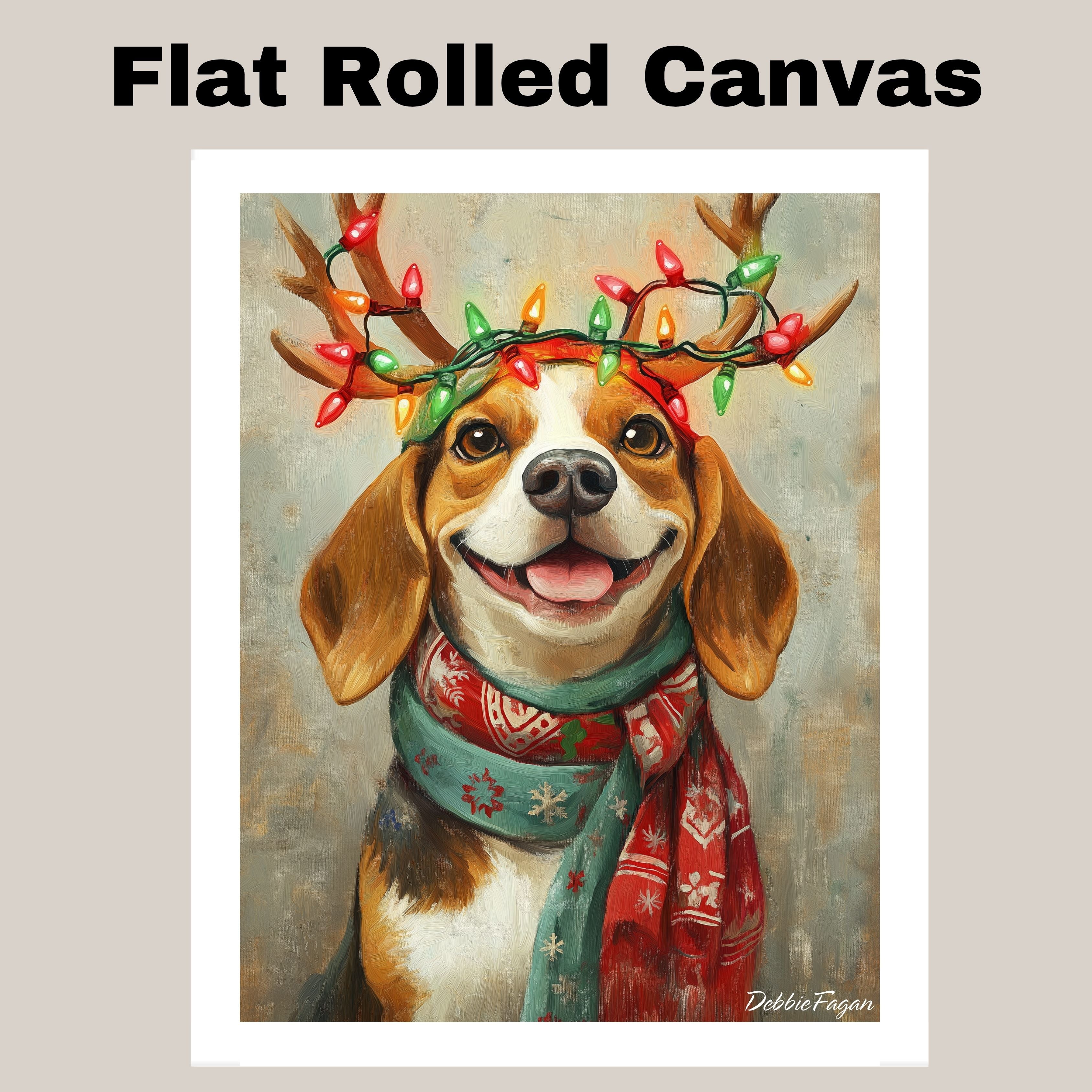 Beagle Christmas Charm - 'Rustic Snuggles' - Beagle Dog with Lighted Antlers & Festive Scarf on Rustic Canvas, Ready to Hang 1.5" Thick Canvas Wrap, Floating Framed Canvas, Flat Rolled Canvas