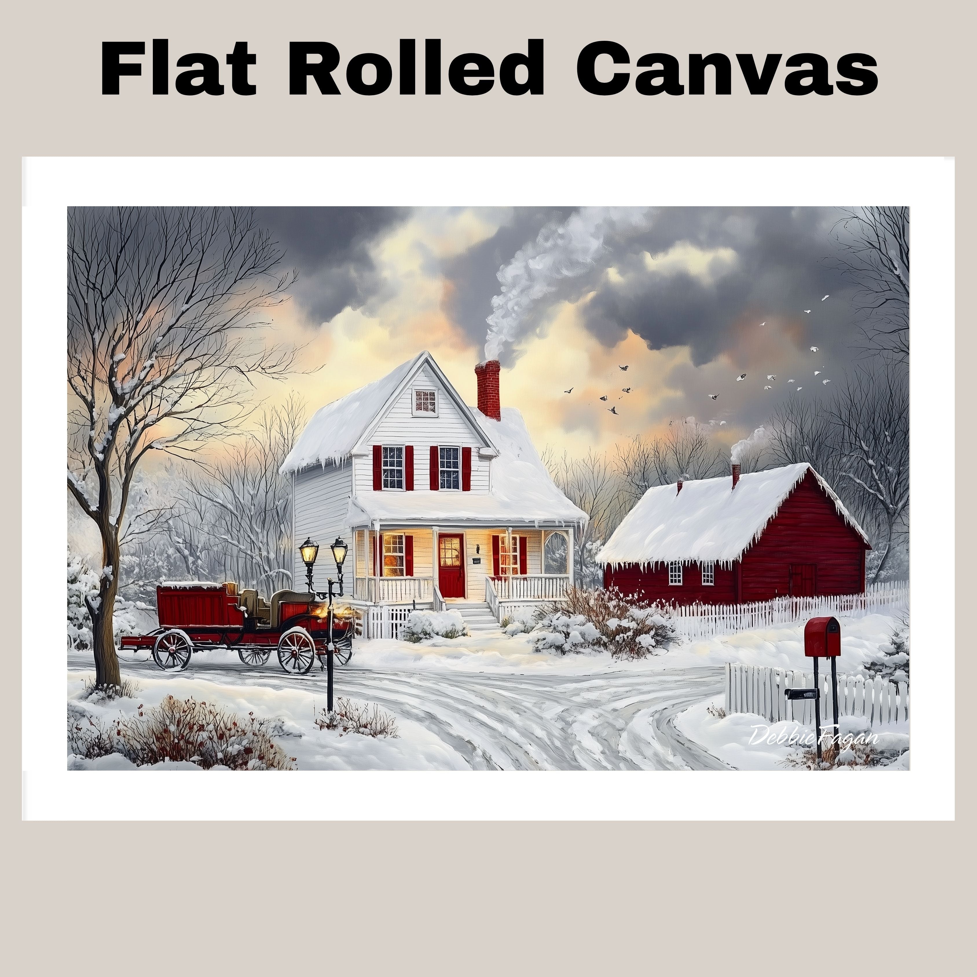 Winter Farmhouse – Cozy Snow-Covered Country Home with Red Barn and Sleigh Wall Art Print on Ready to Hang 1.5" Thick Canvas Wrap, Floating Framed Canvas, Flat Rolled Canvas