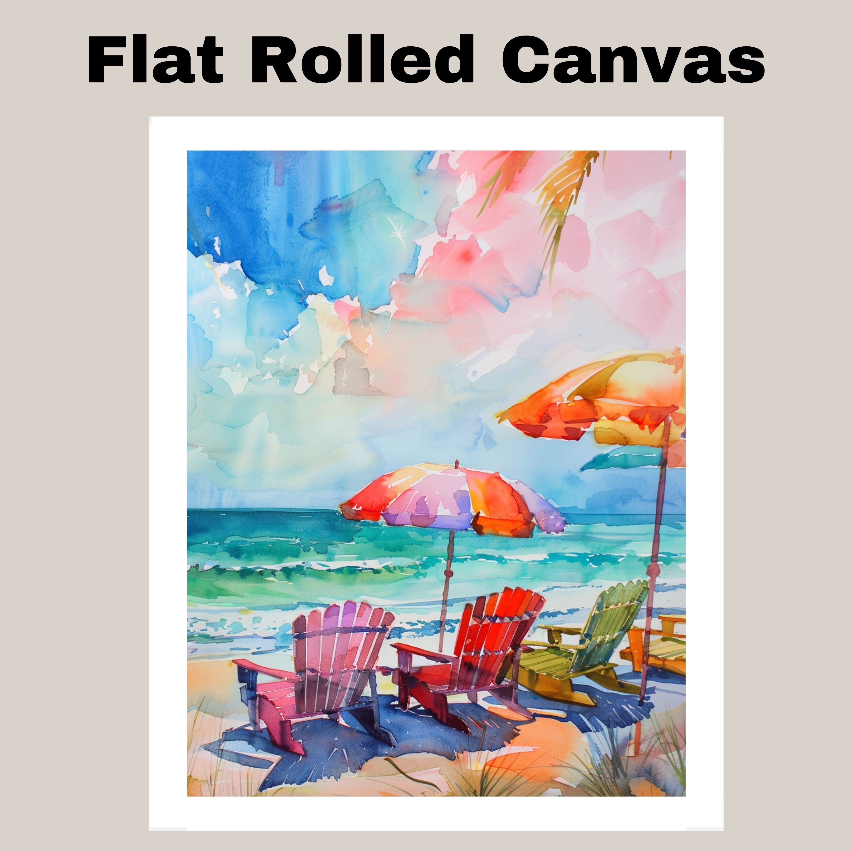 Colorful Watercolor Beach Chairs & Umbrellas – Oceanfront Coastal Art Print on Ready to Hang 1.5" Thick Canvas Wrap, Floating Framed Canvas, Flat Rolled Canvas