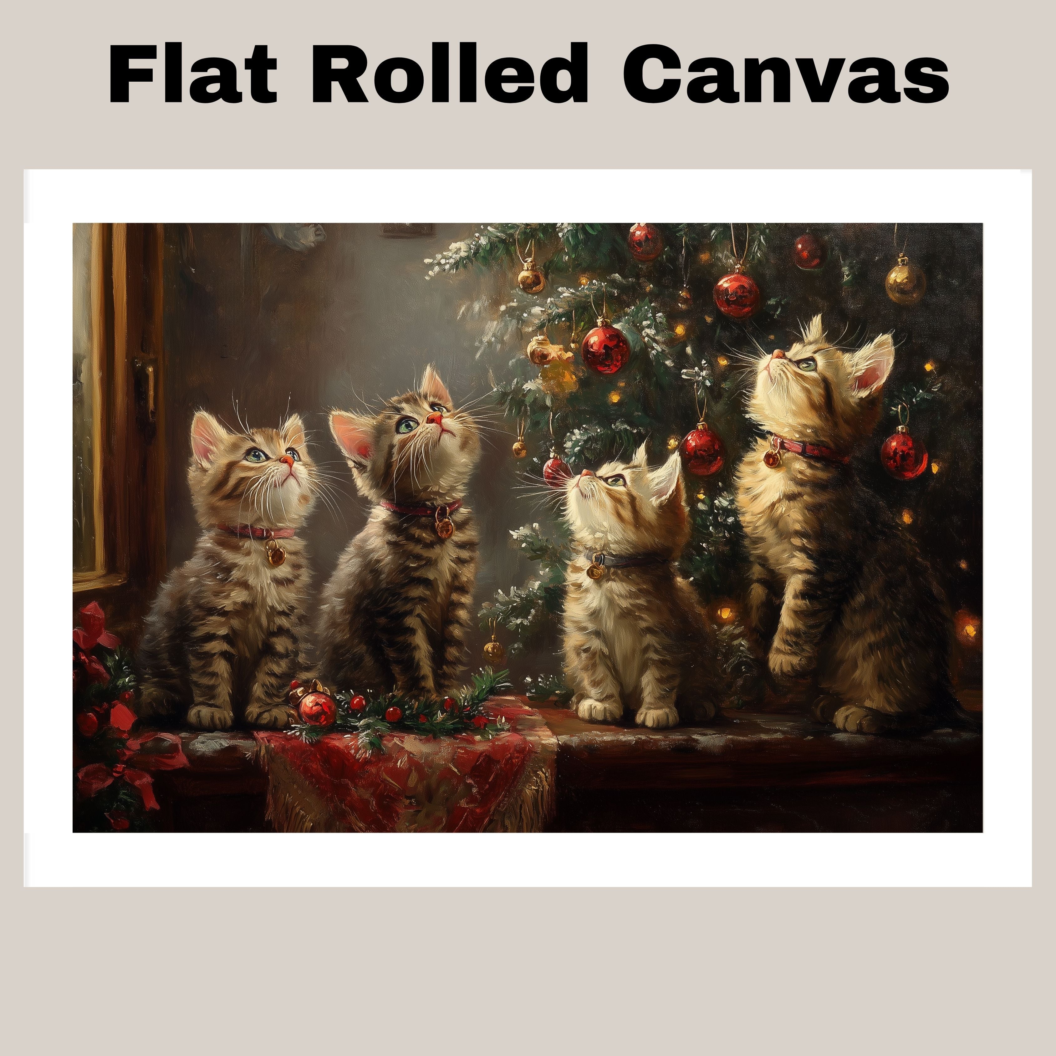 "Christmas Magic: Four Adorable Kittens Under the Tree" Ð Retro Holiday Painting on Ready to Hang 1.5" Thick Canvas Wrap, Floating Framed Canvas, Flat Rolled Canvas