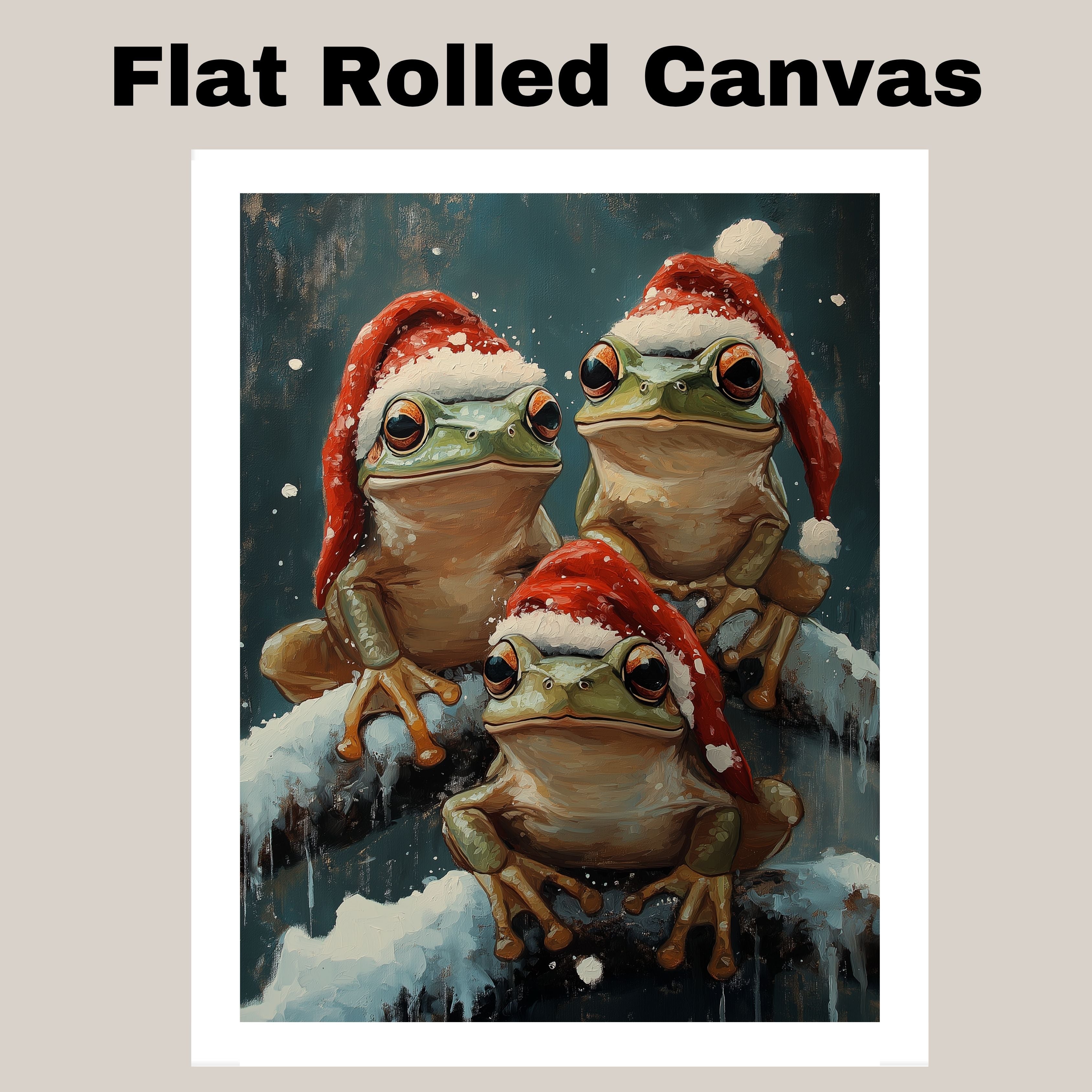 Christmas Frogs in Santa Hats Festive Tree Frogs Sitting on Snowy Branches Adorable Winter Holiday Decoration for Home Office or Christmas Gifts on Ready to Hang 1.5" Thick Canvas Wrap, Floating Framed Canvas, Flat Rolled Canvas