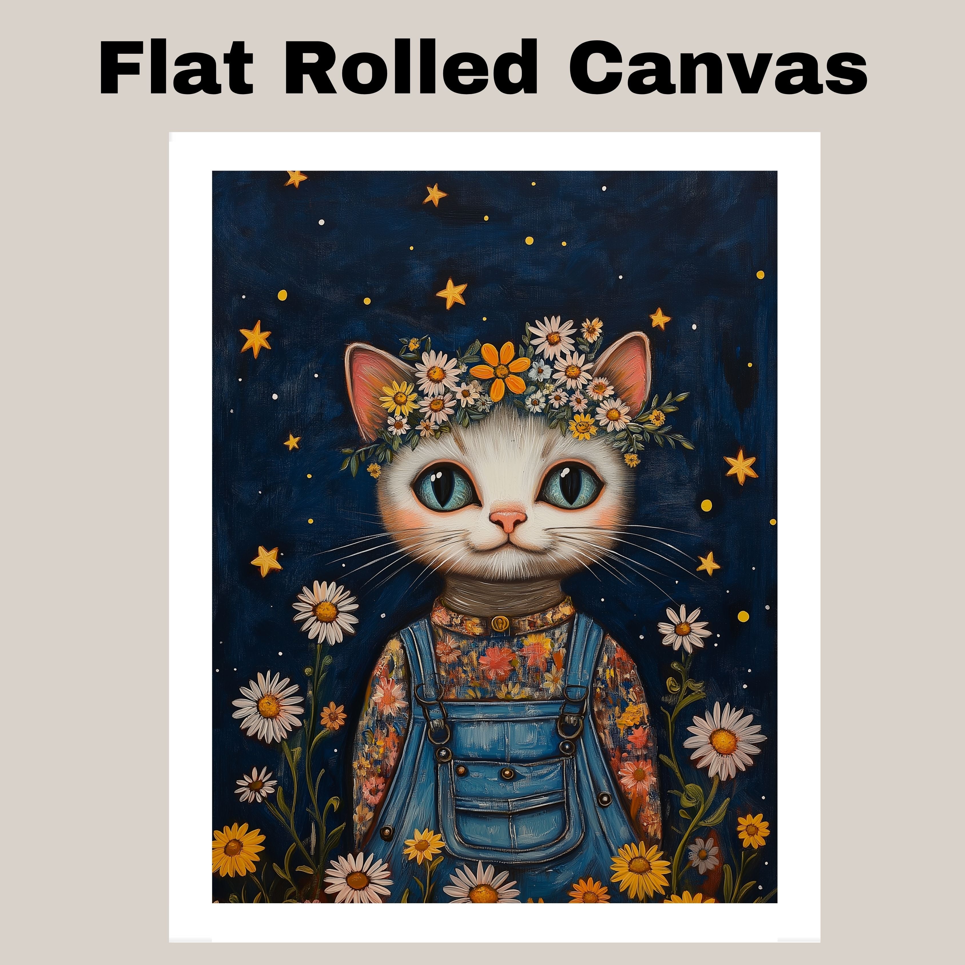 Cute Cat in Overalls with Flower Crown Whimsical Hand Painted Floral Art Night Sky Wall Decor for Nursery Kids Room Bedroom or Gift for Cat Lovers on Ready to Hang 1.5" Thick Canvas Wrap, Floating Framed Canvas, Flat Rolled Canvas