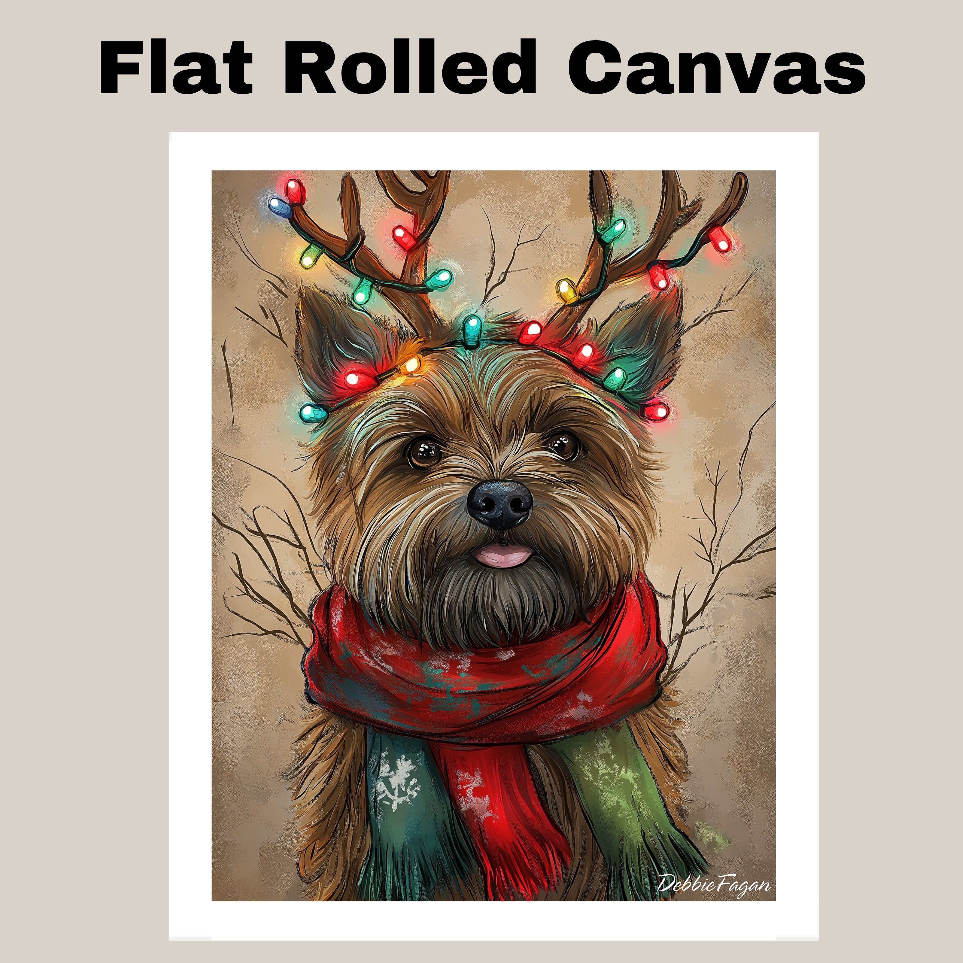 "Rustic Joy" - Cairn Terrier Dog with Lighted Antlers & Cozy Scarf on Rustic Canvas, Ready to Hang 1.5" Thick Canvas Wrap, Floating Framed Canvas, Flat Rolled Canvas