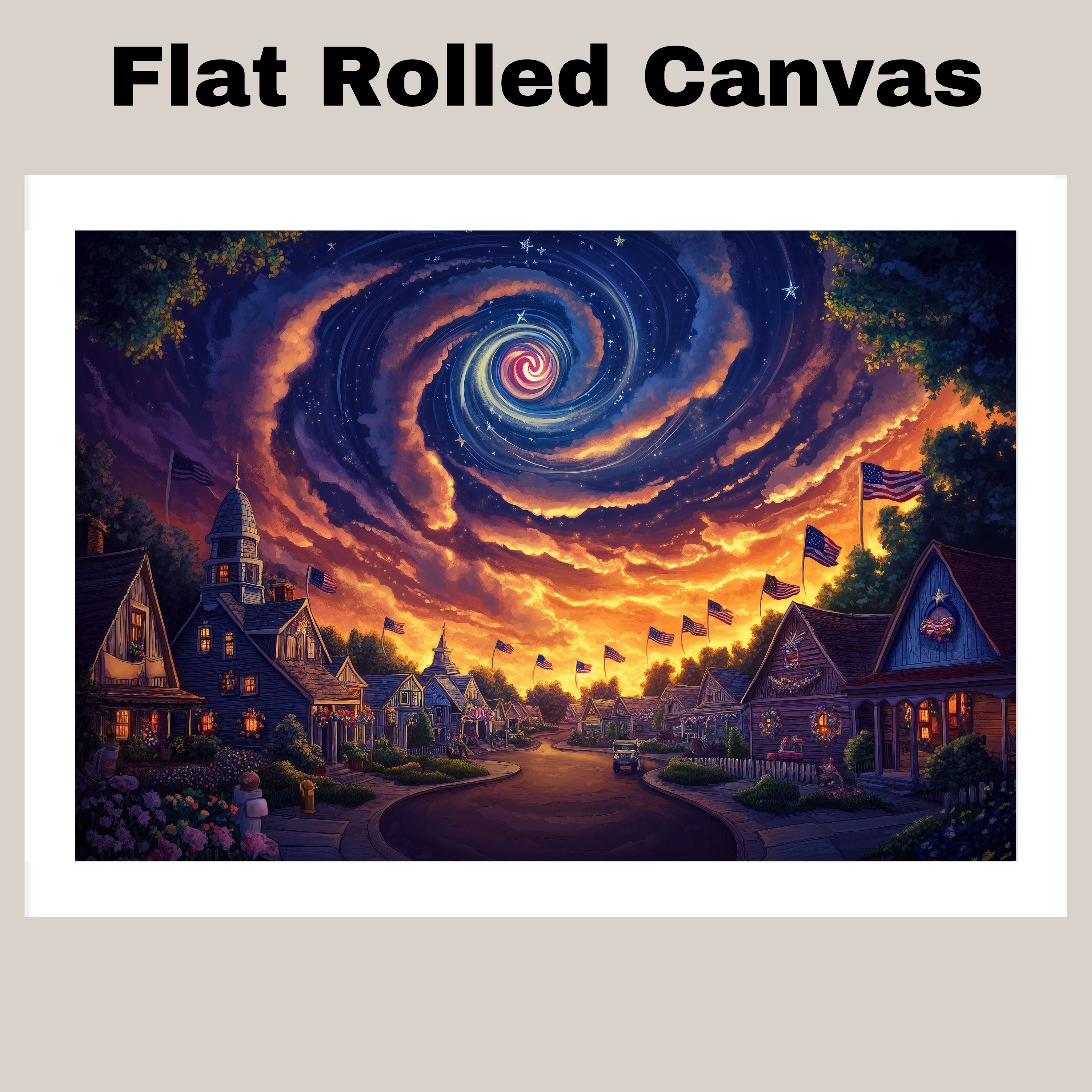 Magical 4th of July Village at Sunset with American Flags and Swirling Galaxy Sky, Glowing Homes and Patriotic Charm in a Dreamy Celebration of Freedom on Ready to Hang 1.5" Thick Canvas Wrap, Floating Framed Canvas, Flat Rolled Canvas