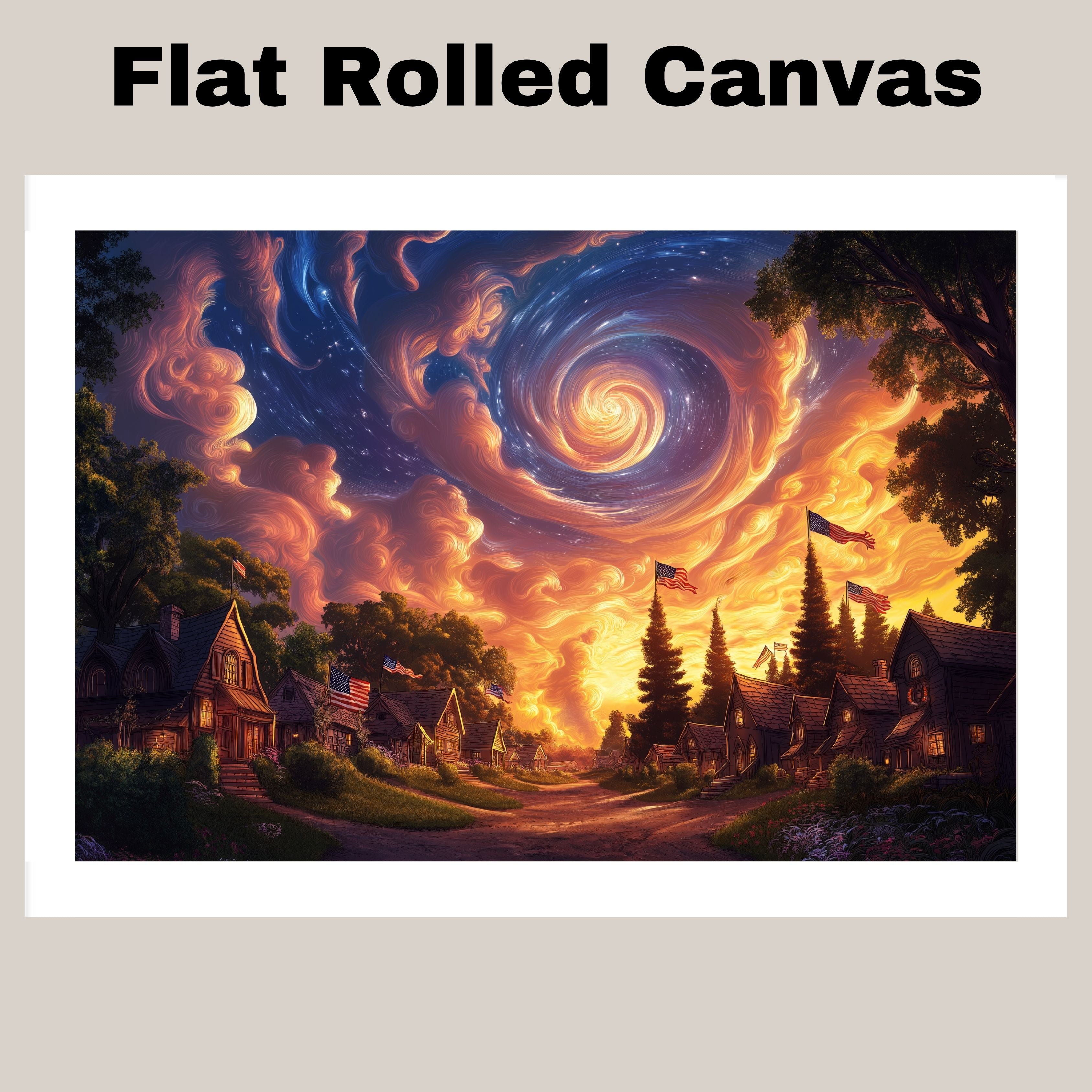 Glowing 4th of July Village at Dusk with Swirling Sky and Flags, Whimsical Americana Scene with Magical Clouds, Starlight, and Patriotic Celebration on Ready to Hang 1.5" Thick Canvas Wrap, Floating Framed Canvas, Flat Rolled Canvas