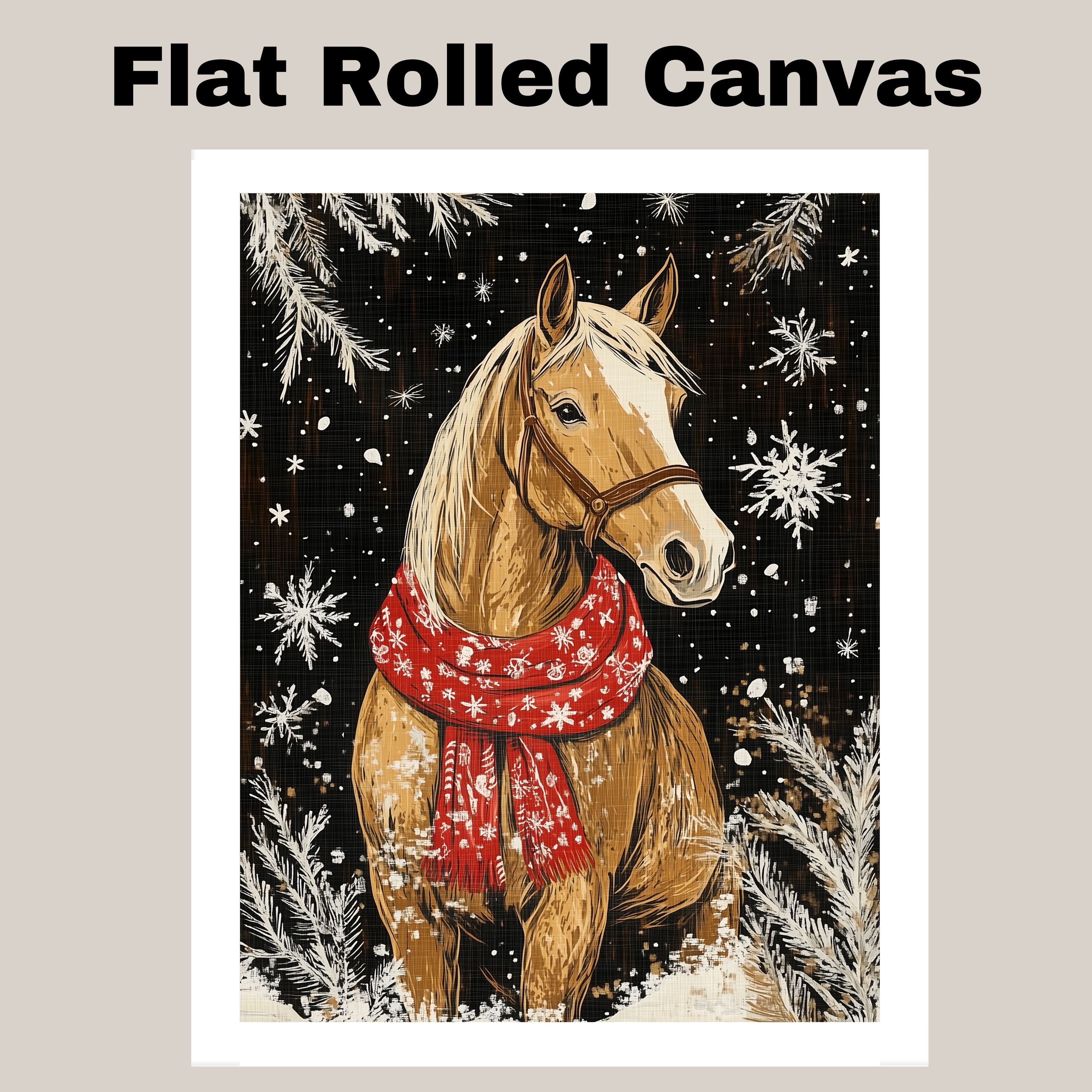 "Snowy Elegance Horse" - Horse in Red Scarf Amidst Winter Snow on Ready to Hang 1.5" Thick Canvas Wrap, Floating Framed Canvas, Flat Rolled Canvas