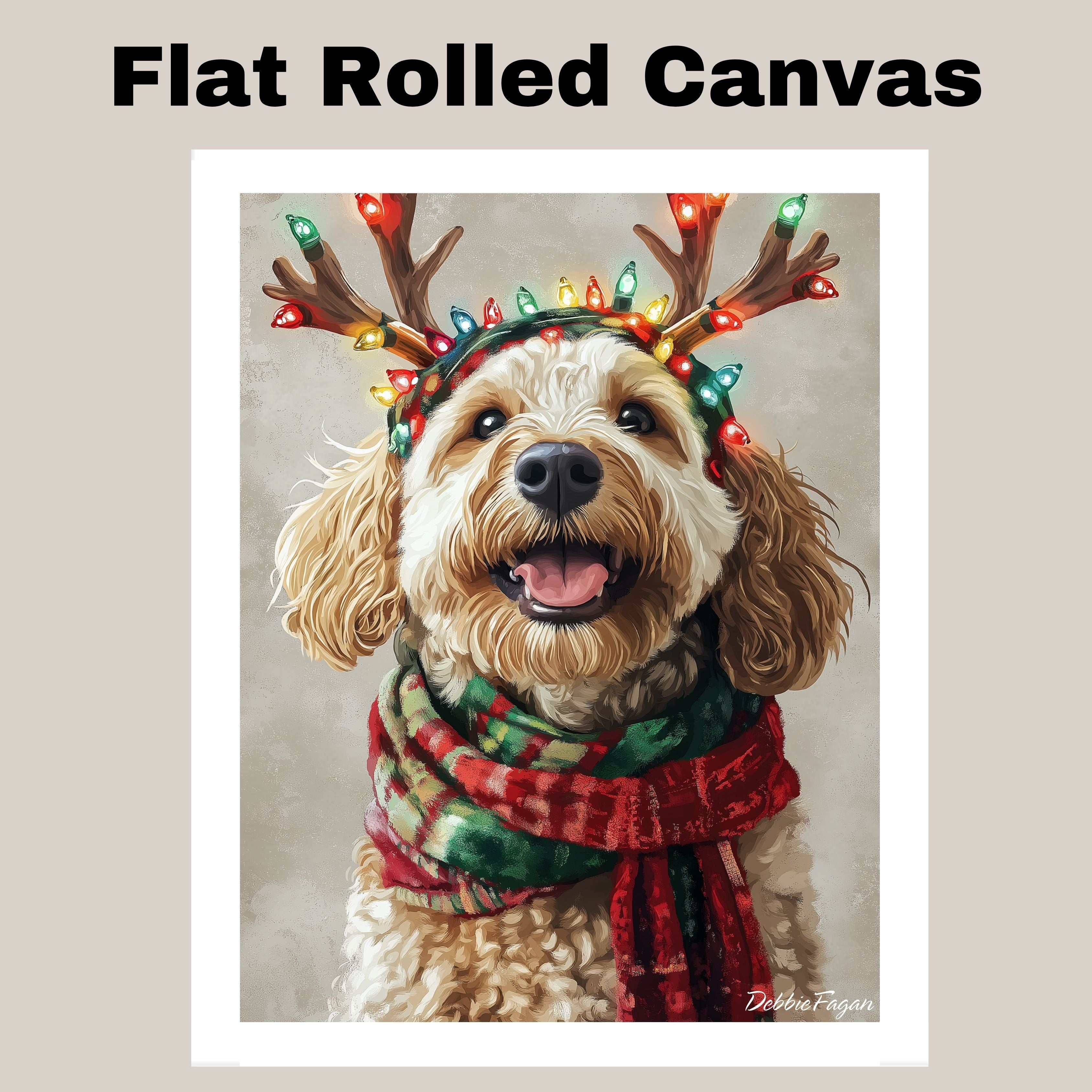 Rustic Joy - Bernedoodle Dog with Lighted Antlers & Cozy Scarf on Rustic Canvas, Ready to Hang 1.5" Thick Canvas Wrap, Floating Framed Canvas, Flat Rolled Canvas