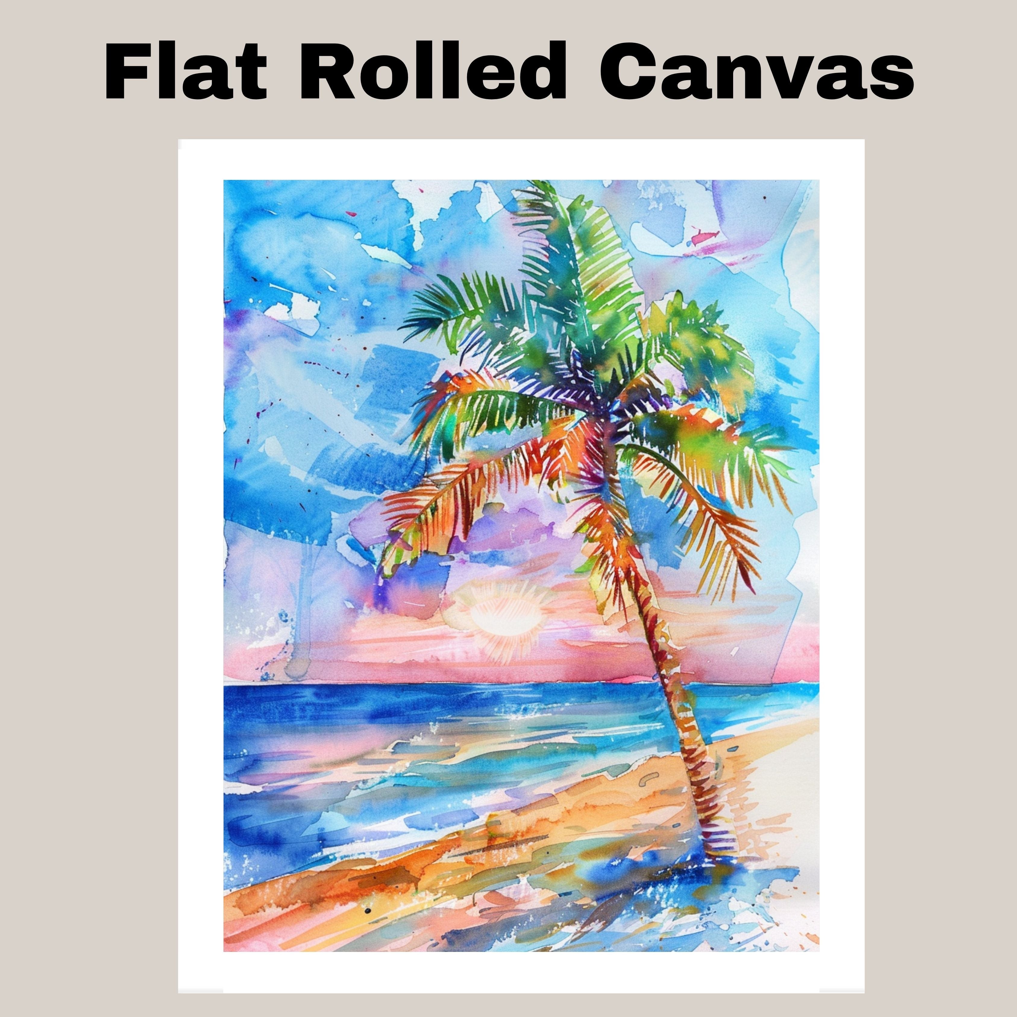 Colorful Palm Tree at Sunset by the Ocean Watercolor Painting Beach Scene on Ready to Hang 1.5" Thick Canvas Wrap, Floating Framed Canvas, Flat Rolled Canvas