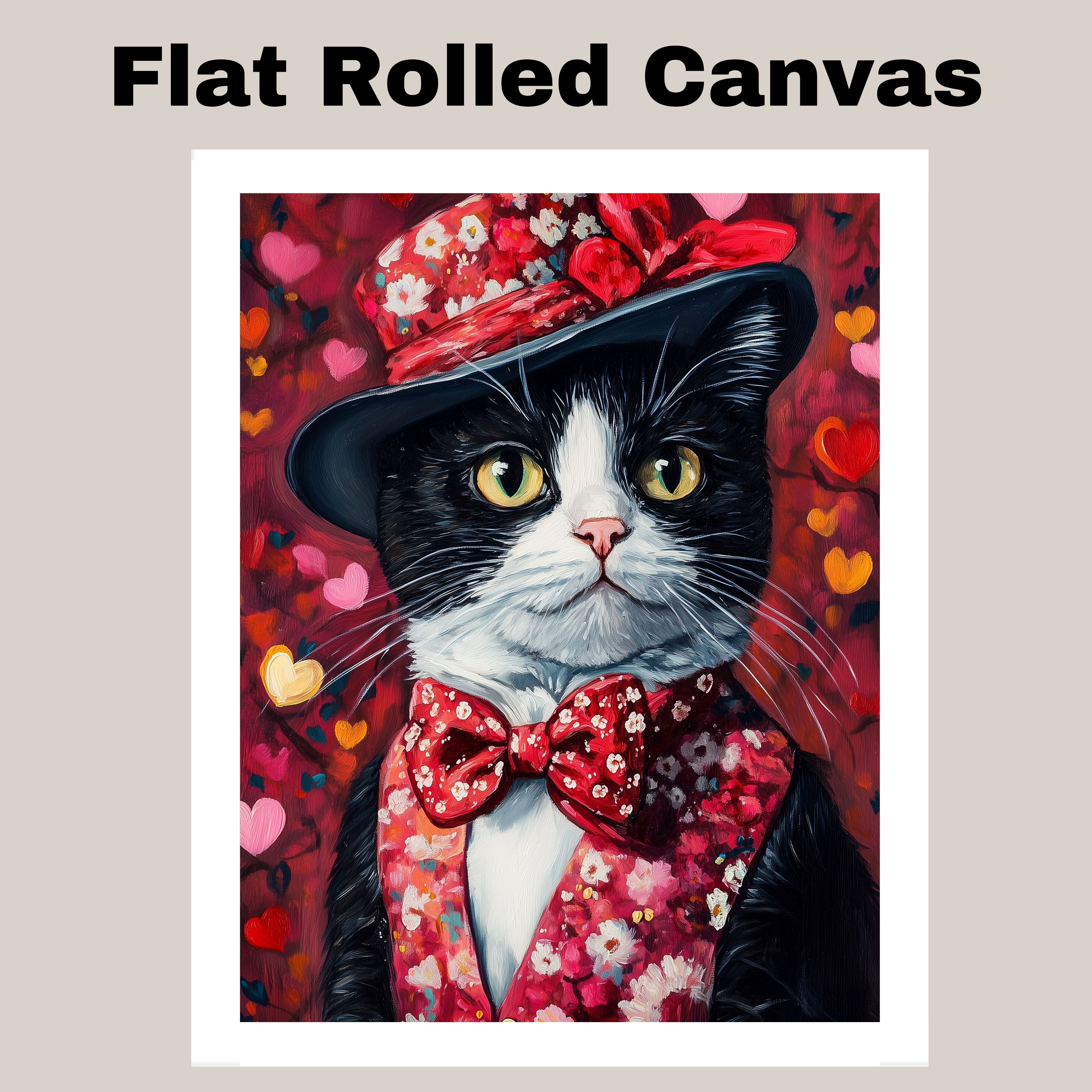 Love & Grace: Tuxedo Cat in a Heart-Adorned Floral Hat and Suit - Sophisticated Valentine's Painting on Ready to Hang 1.5" Thick Canvas Wrap, Floating Framed Canvas, Flat Rolled Canvas