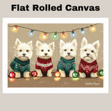 Dog Christmas Canvas  - "Highland Holiday Joy" - West Highland Terriers in Festive Sweaters with Christmas Lights on Ready to Hang 1.5" Thick Canvas Wrap, Floating Framed Canvas, Flat Rolled Canvas