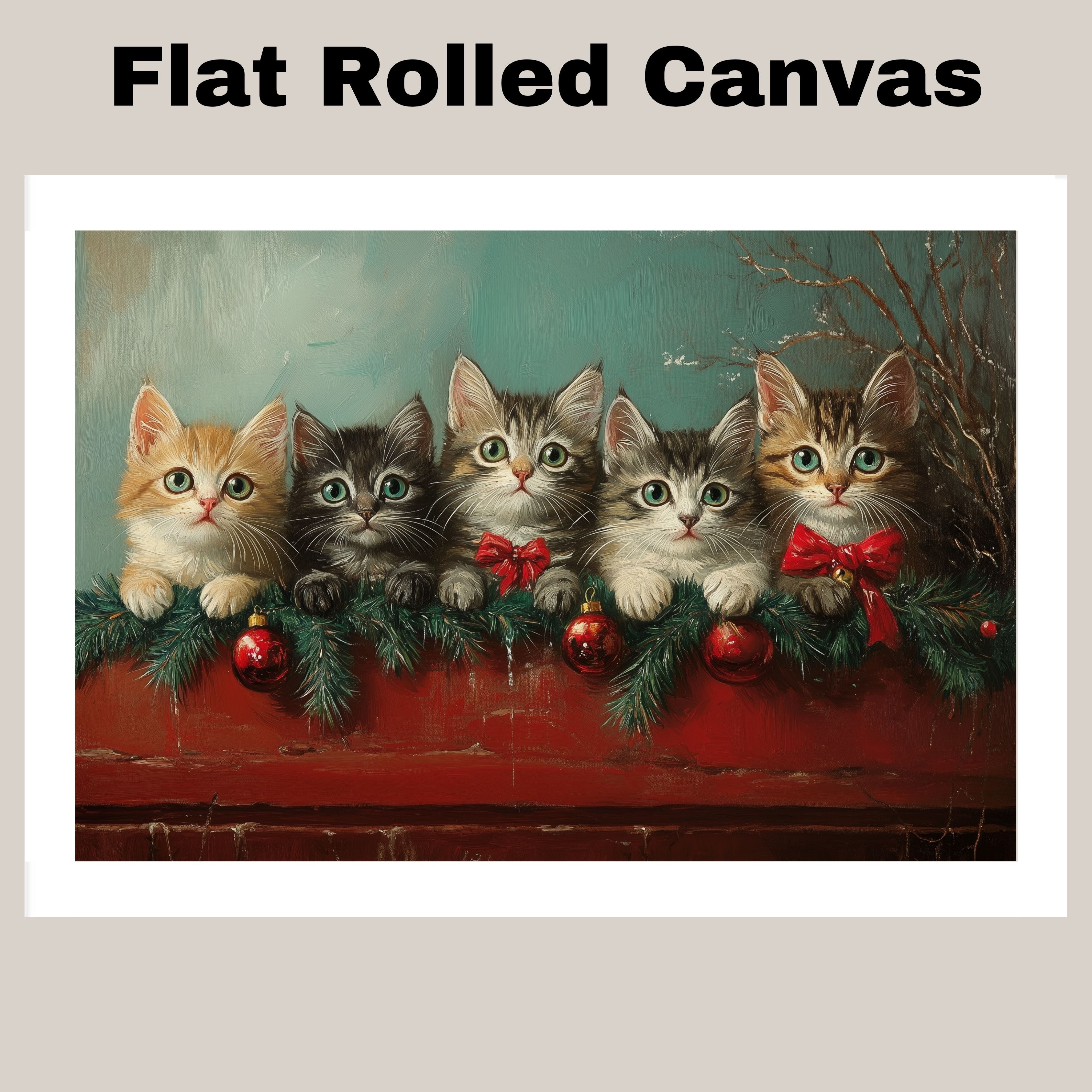 "Retro Christmas Charm: Five Adorable Kittens" Vintage-Style Holiday Scene on Ready to Hang 1.5" Thick Canvas Wrap, Floating Framed Canvas, Flat Rolled Canvas