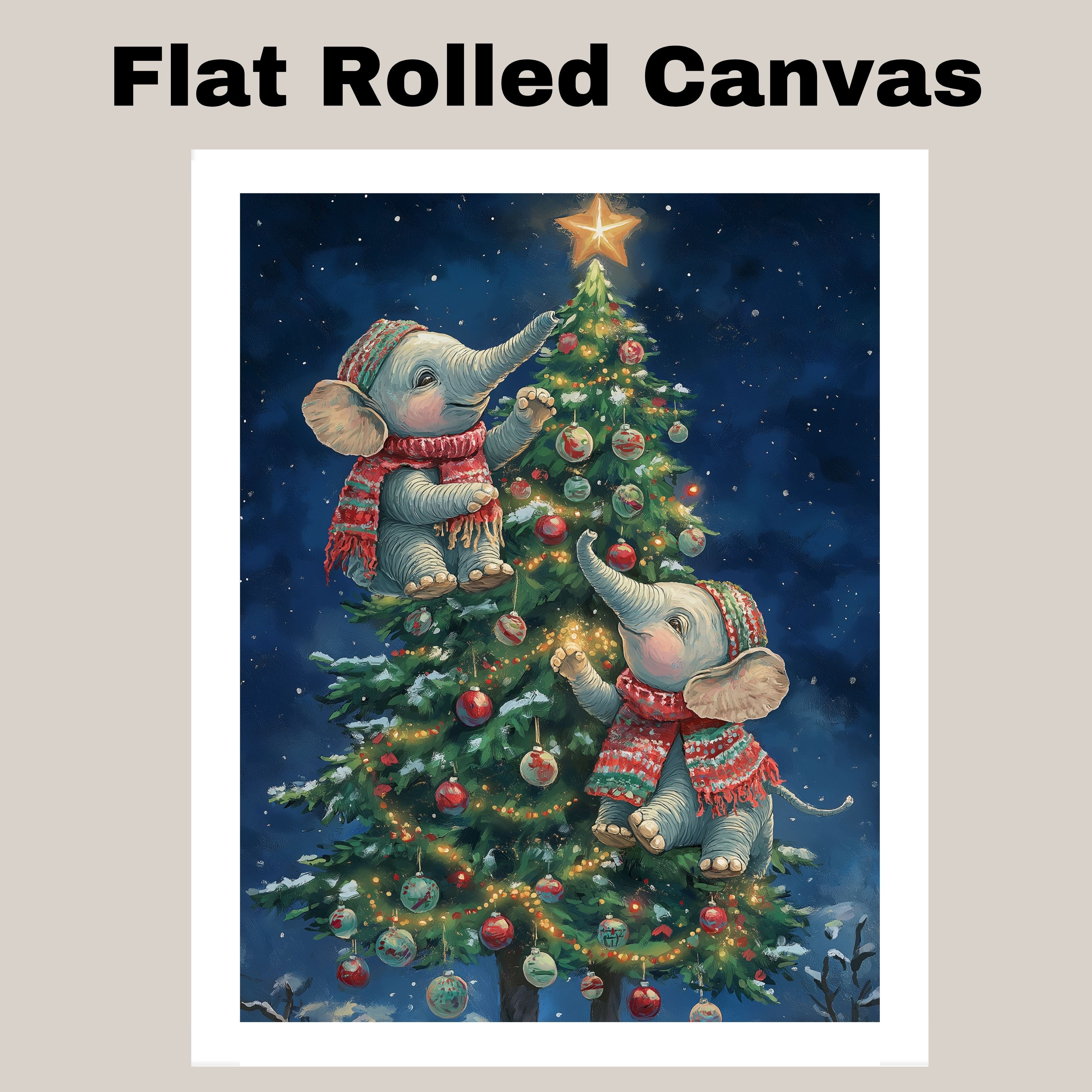 Christmas Baby Elephants Decorating Tree with Star and Ornaments in Snowy Night Scene Holiday Art Print for Nursery or Cozy Winter Home Decor on Ready to Hang 1.5" Thick Canvas Wrap, Floating Framed Canvas, Flat Rolled Canvas