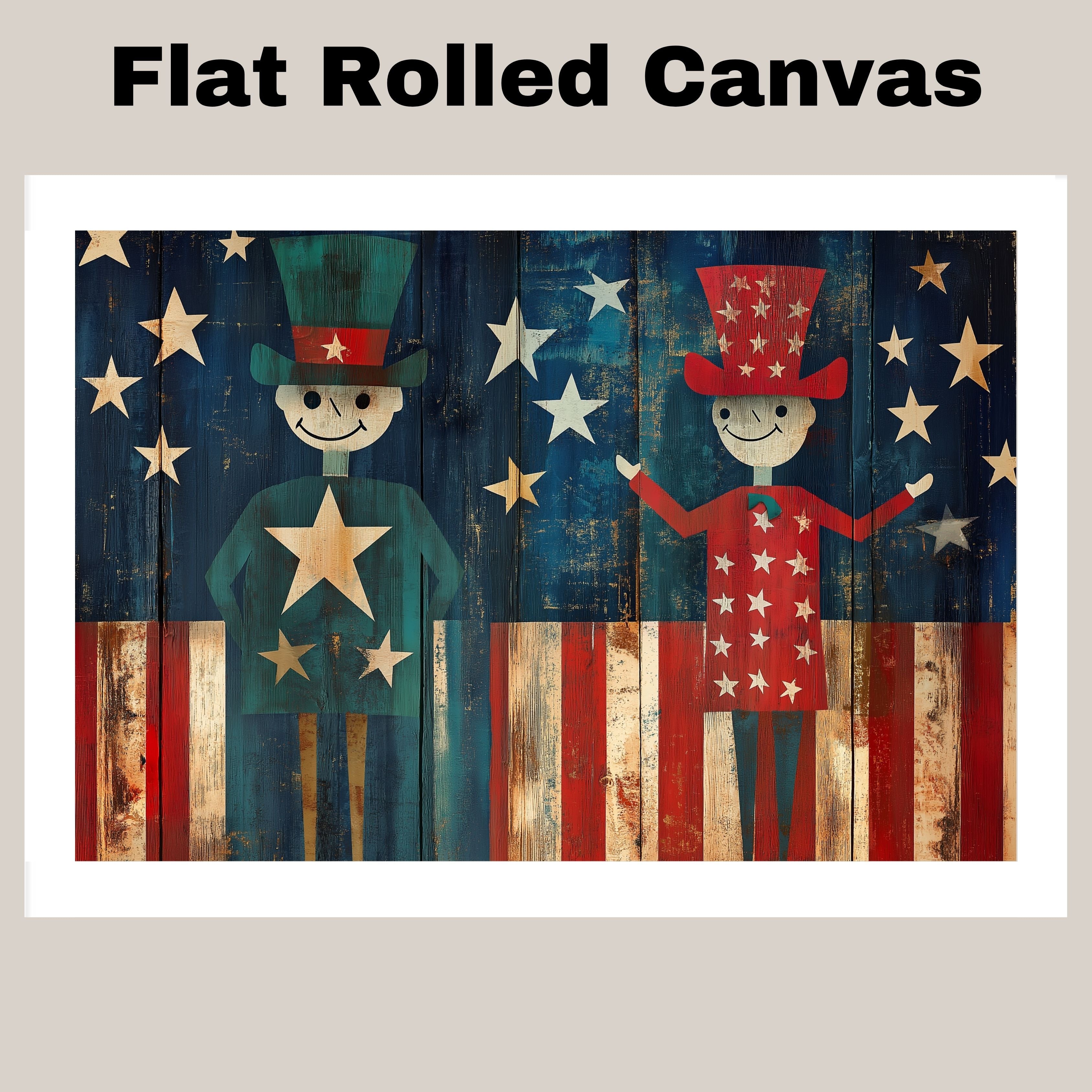 Rustic Folk Art of Patriotic Figures with Stars and Stripes on Weathered Wood Background, Whimsical Americana for Celebrating 4th of July in Vintage Style on Ready to Hang 1.5" Thick Canvas Wrap, Floating Framed Canvas, Flat Rolled Canvas