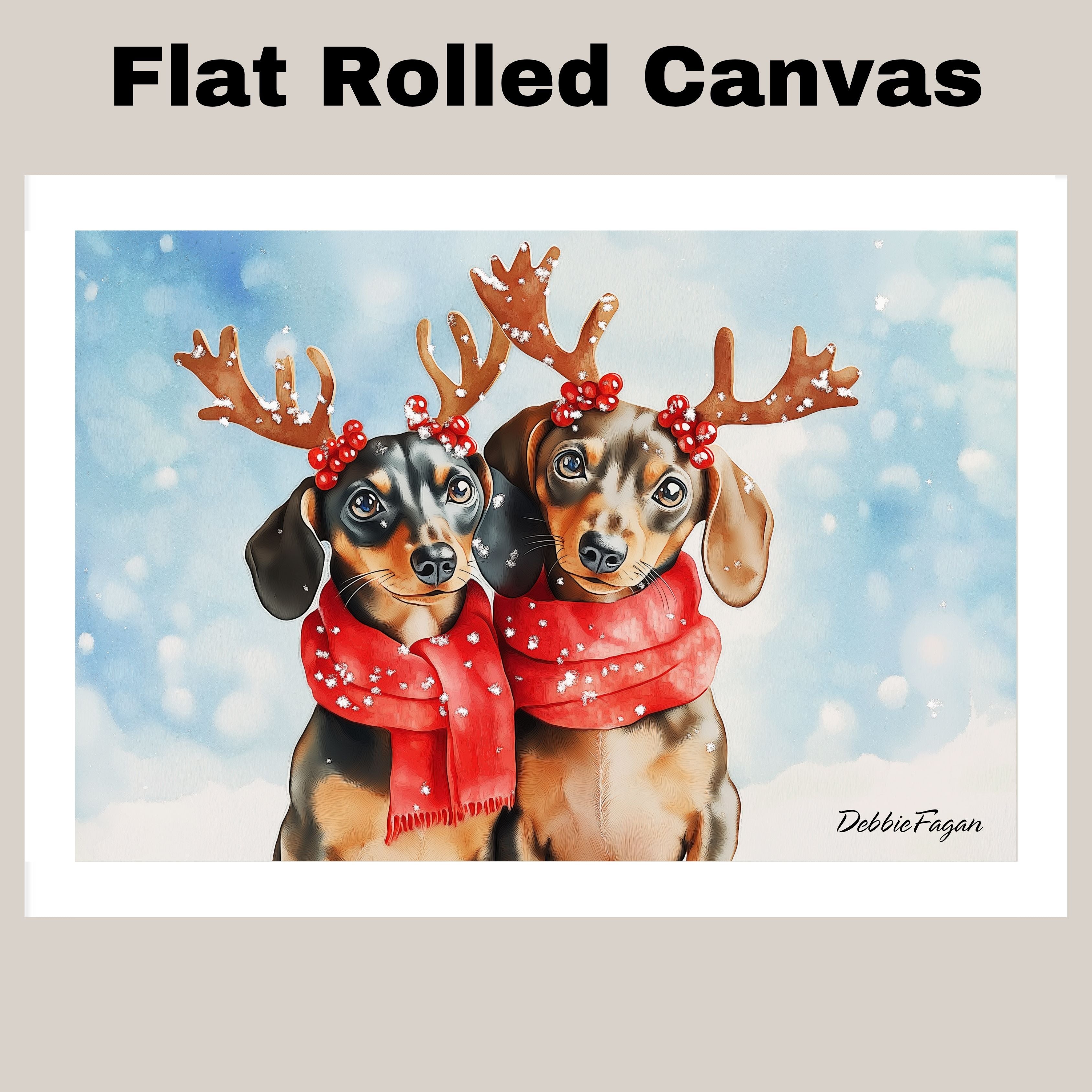 Wiener Christmas Canvas  - "Winter Pawsitivity" - Cute Dachshund with Antlers in a Snowy Scene on Ready to Hang 1.5" Thick Canvas Wrap, Floating Framed Canvas, Flat Rolled Canvas