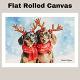 Wiener Christmas Canvas  - "Winter Pawsitivity" - Cute Dachshund with Antlers in a Snowy Scene on Ready to Hang 1.5" Thick Canvas Wrap, Floating Framed Canvas, Flat Rolled Canvas