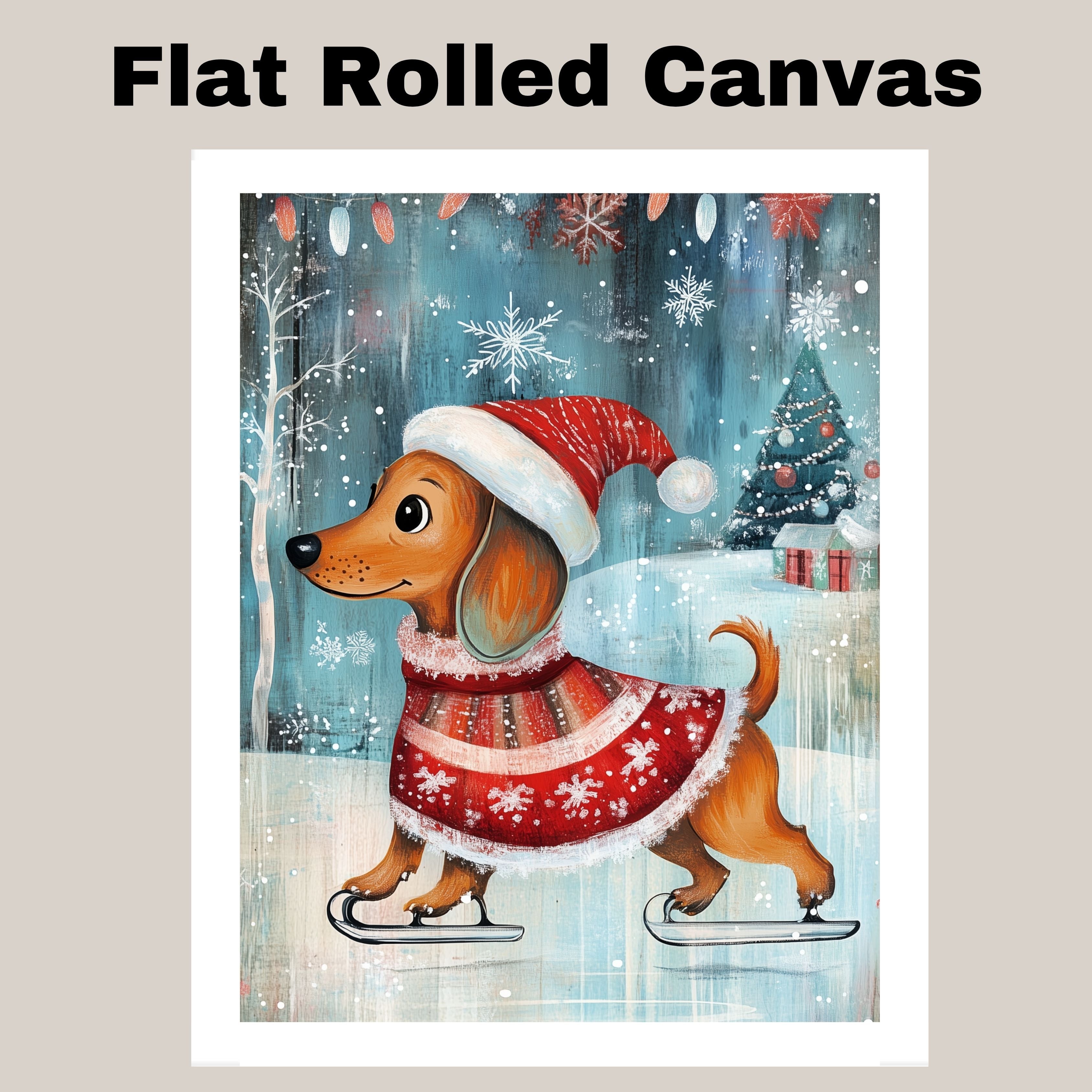 Adorable Christmas Dachshund Dog Ice Skating in Santa Hat and Festive Sweater Whimsical Holiday Art for Winter Pet Lovers and Seasonal Home Décor on Ready to Hang 1.5" Thick Canvas Wrap, Floating Framed Canvas, Flat Rolled Canvas