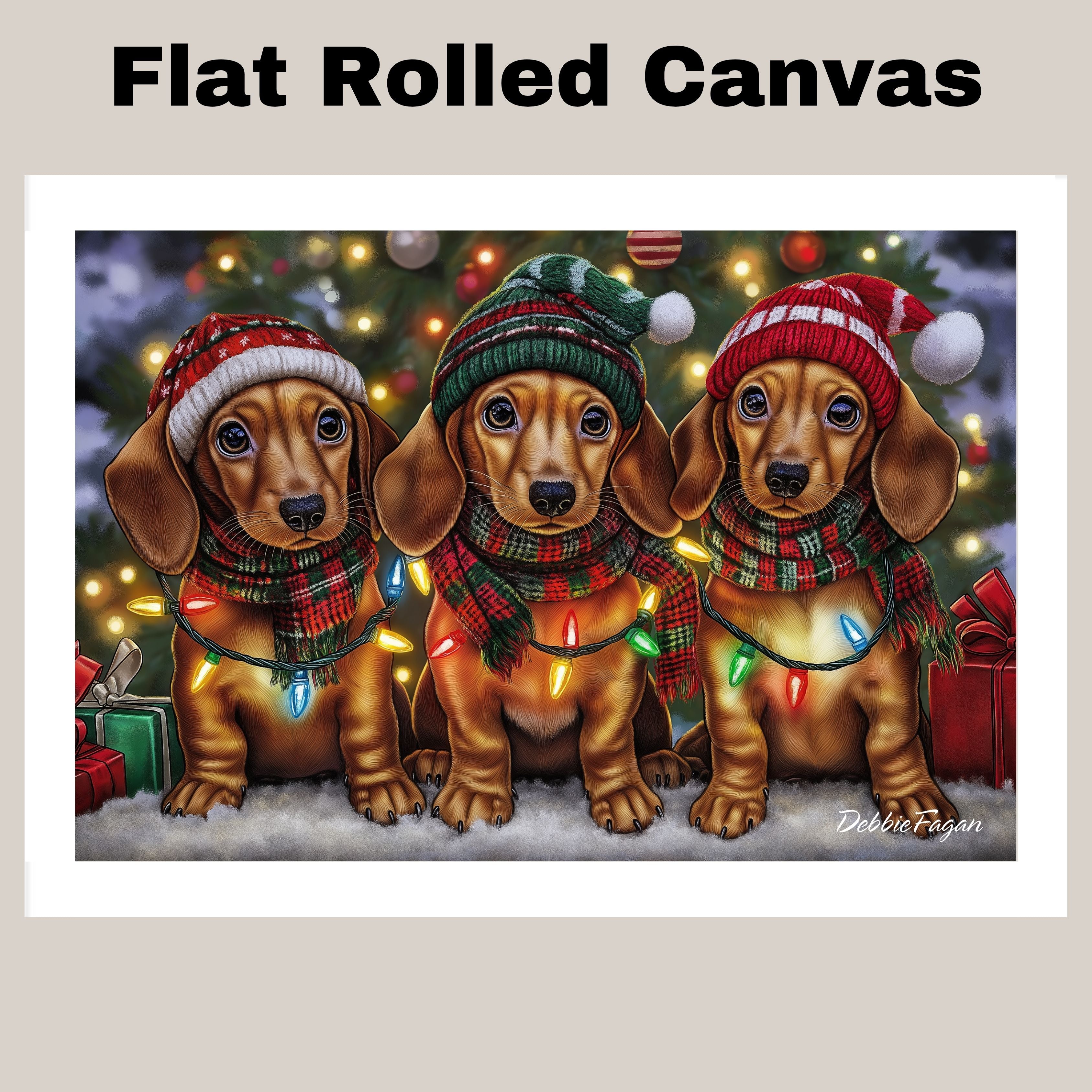 Christmas Canvas - "Dachshund Wonders" - Winter Pups Adorned in Cozy Outfits Wrapped in Festive Christmas Lights on Ready to Hang 1.5" Thick Canvas Wrap, Floating Framed Canvas, Flat Rolled Canvas