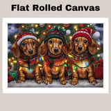 Christmas Canvas - "Dachshund Wonders" - Winter Pups Adorned in Cozy Outfits Wrapped in Festive Christmas Lights on Ready to Hang 1.5" Thick Canvas Wrap, Floating Framed Canvas, Flat Rolled Canvas