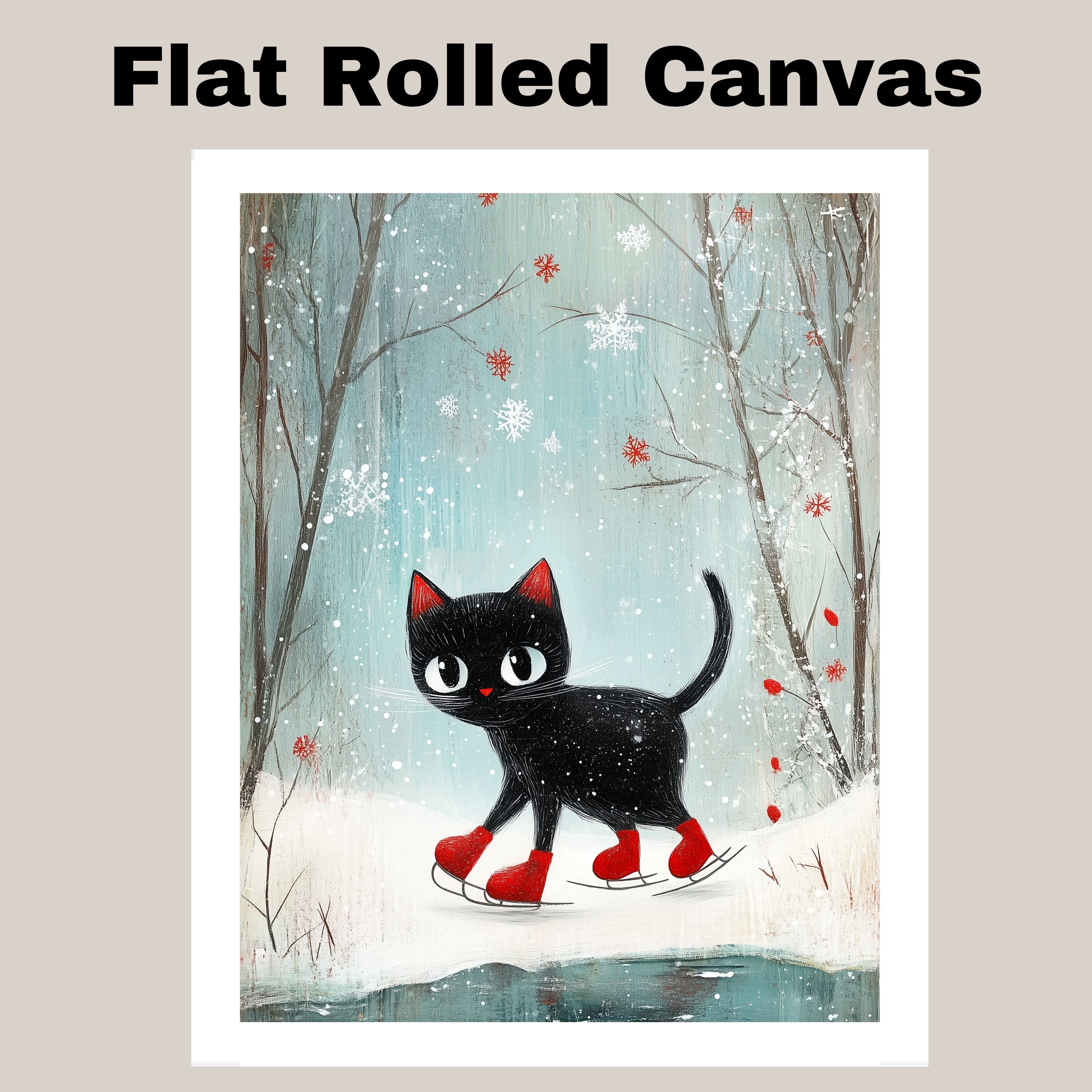 Christmas Wall Art Featuring Black Cat in Red Skates Gliding on Ice in Snowy Forest Whimsical Holiday Illustration Perfect for Cat Lovers and Winter Home Decor on Ready to Hang 1.5" Thick Canvas Wrap, Floating Framed Canvas, Flat Rolled Canvas