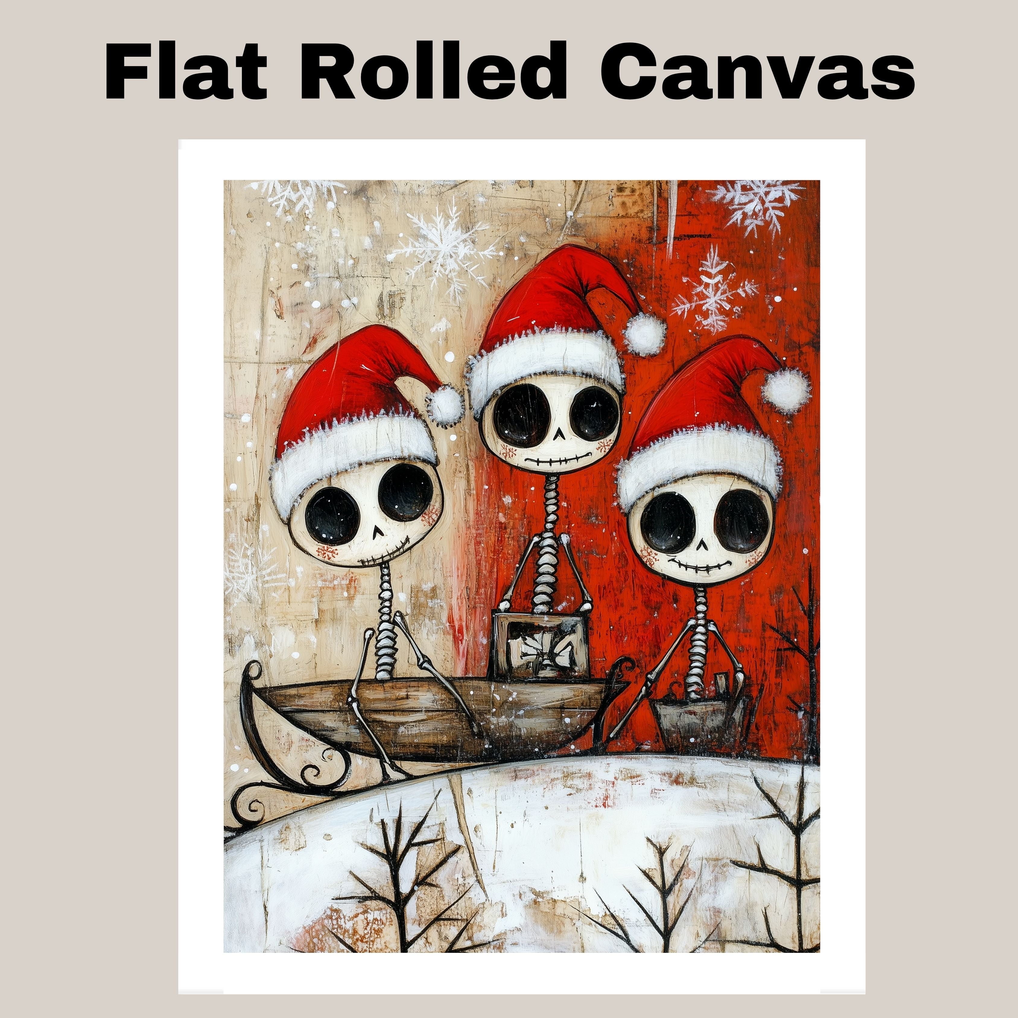 Cute Skeleton Trio Sleigh Ride Christmas Art Print – Whimsical Gothic Holiday Decor with Santa Hats & Gifts, Alternative Winter Wall Art for Spooky Season Lovers on Ready to Hang 1.5" Thick Canvas Wrap, Floating Framed Canvas, Flat Rolled Canvas