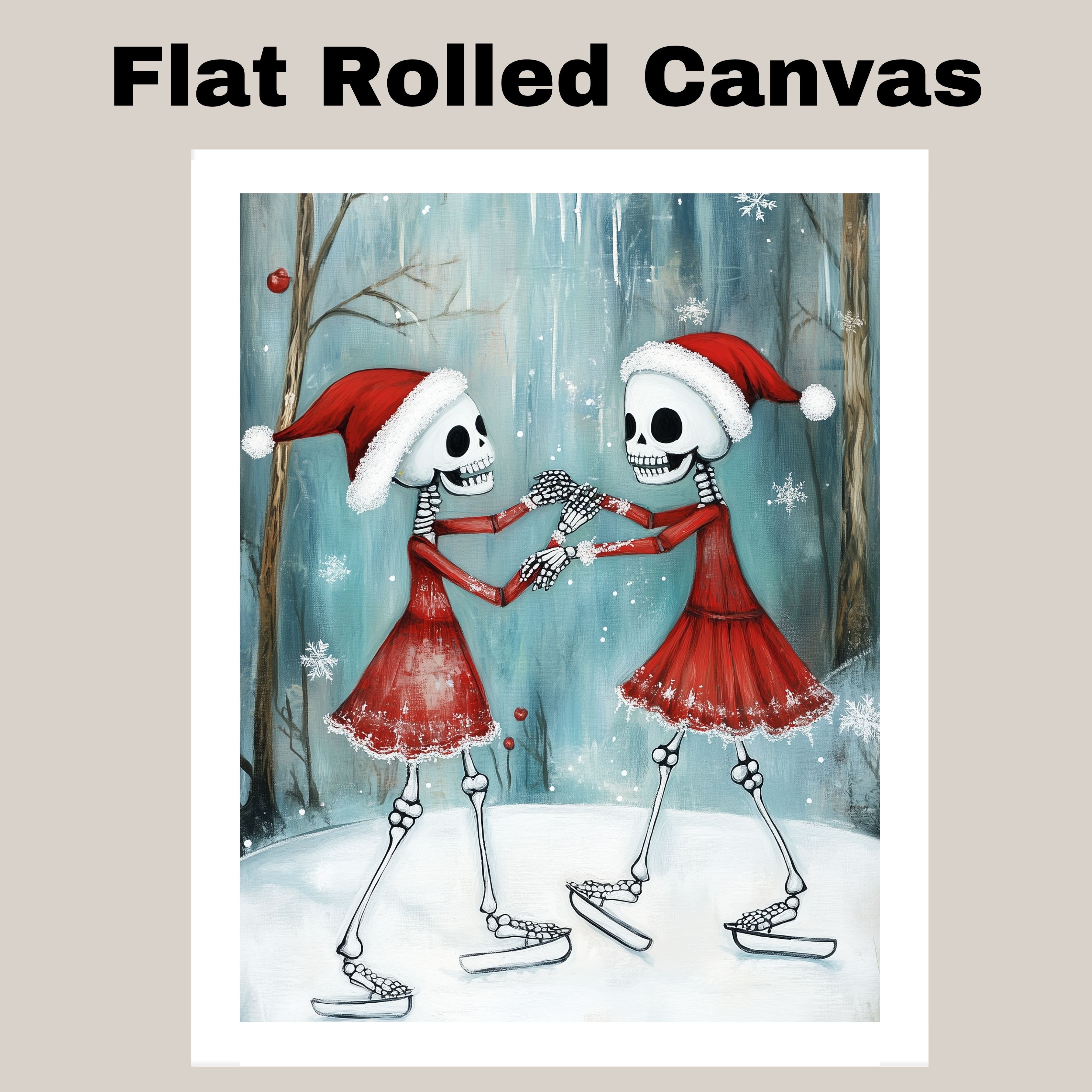 Whimsical Skeleton Ice Skating Christmas Art – Festive Gothic Winter Decor with Dancing Skeletons in Red Dresses and Santa Hats, Spooky Cute Holiday Wall Print on Ready to Hang 1.5" Thick Canvas Wrap, Floating Framed Canvas, Flat Rolled Canvas